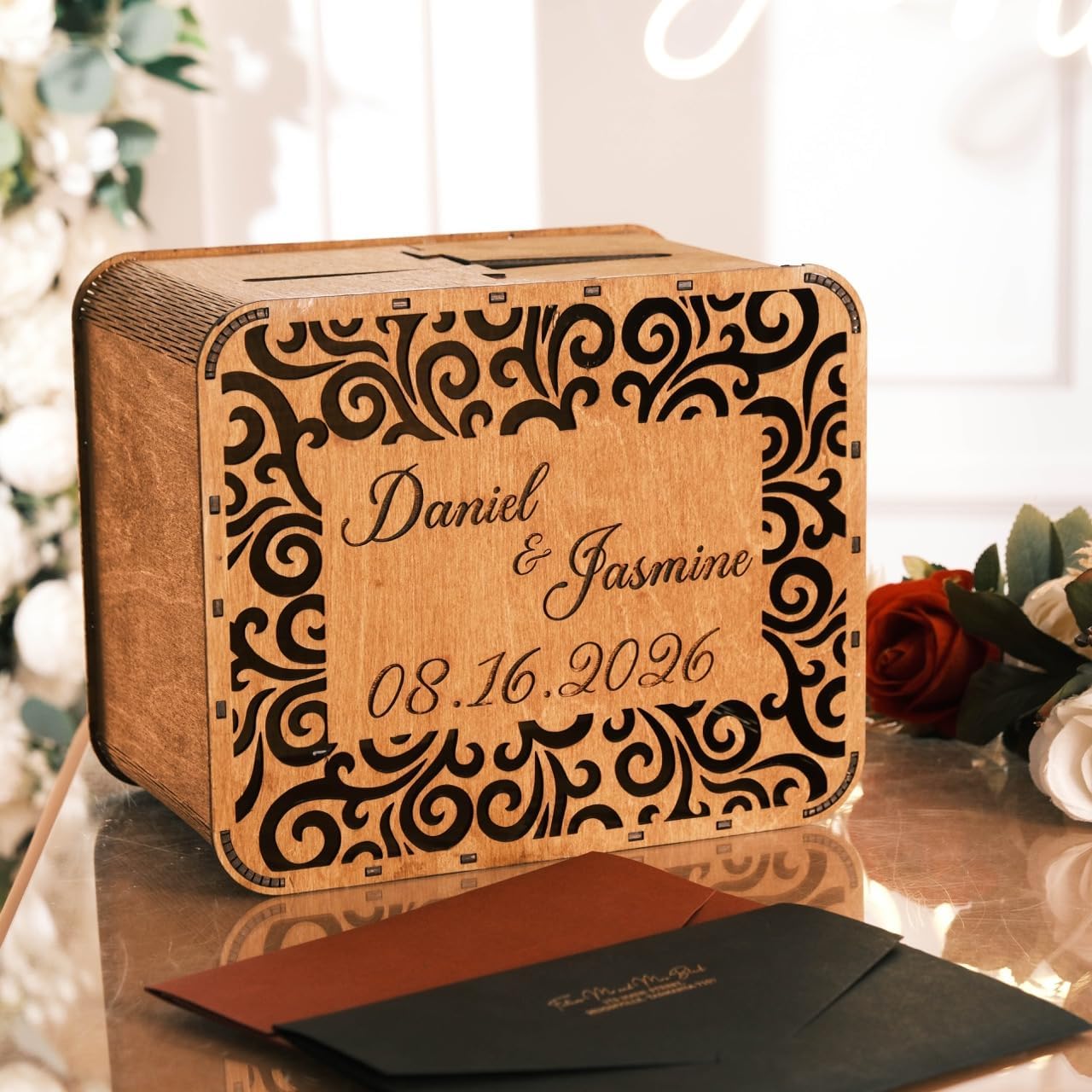 EMC Personalized Wood Card Box for Wedding & Engagement – Rustic Wedding Card Holder with Slot – Bridal Shower, Baby Shower & Birthday Decor