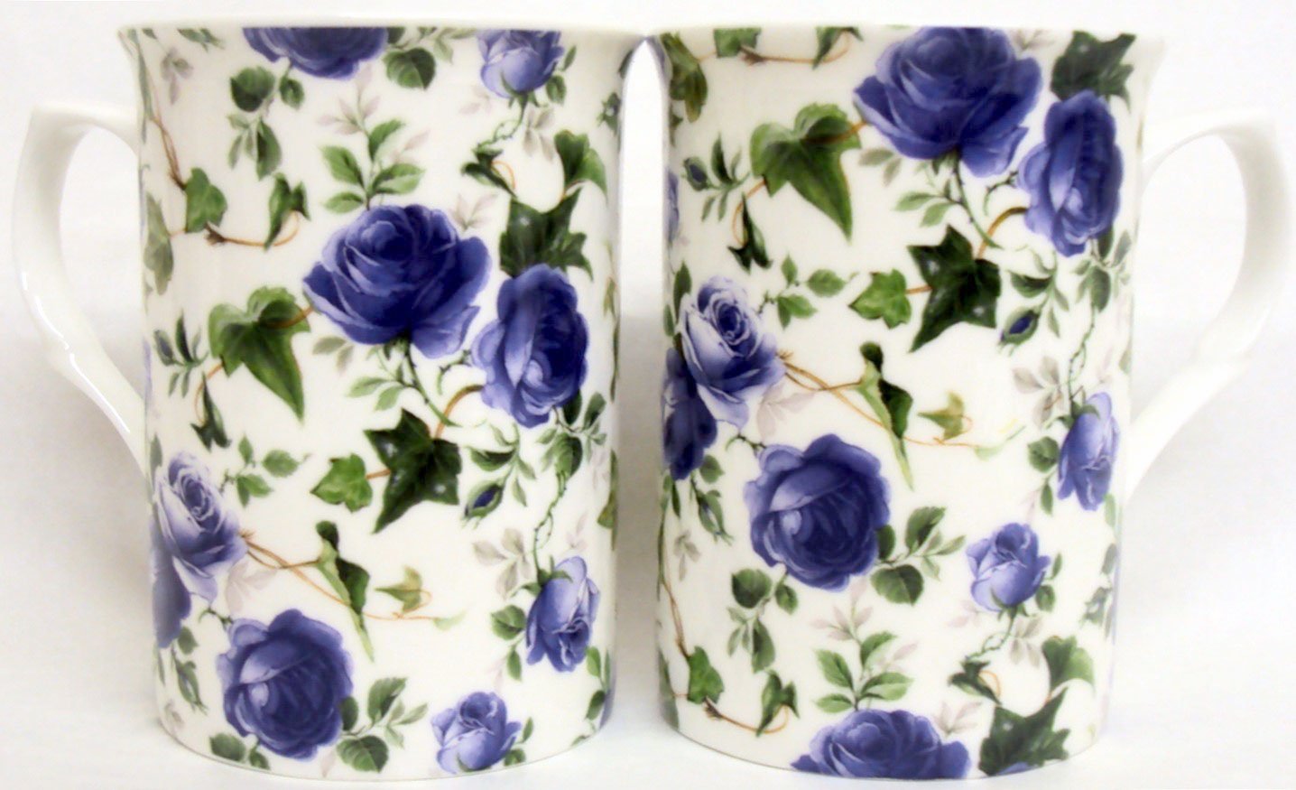 Ivy Rose Blue Mugs Set 2 Fine Bone China Blue Roses Mugs Hand Decorated in UK