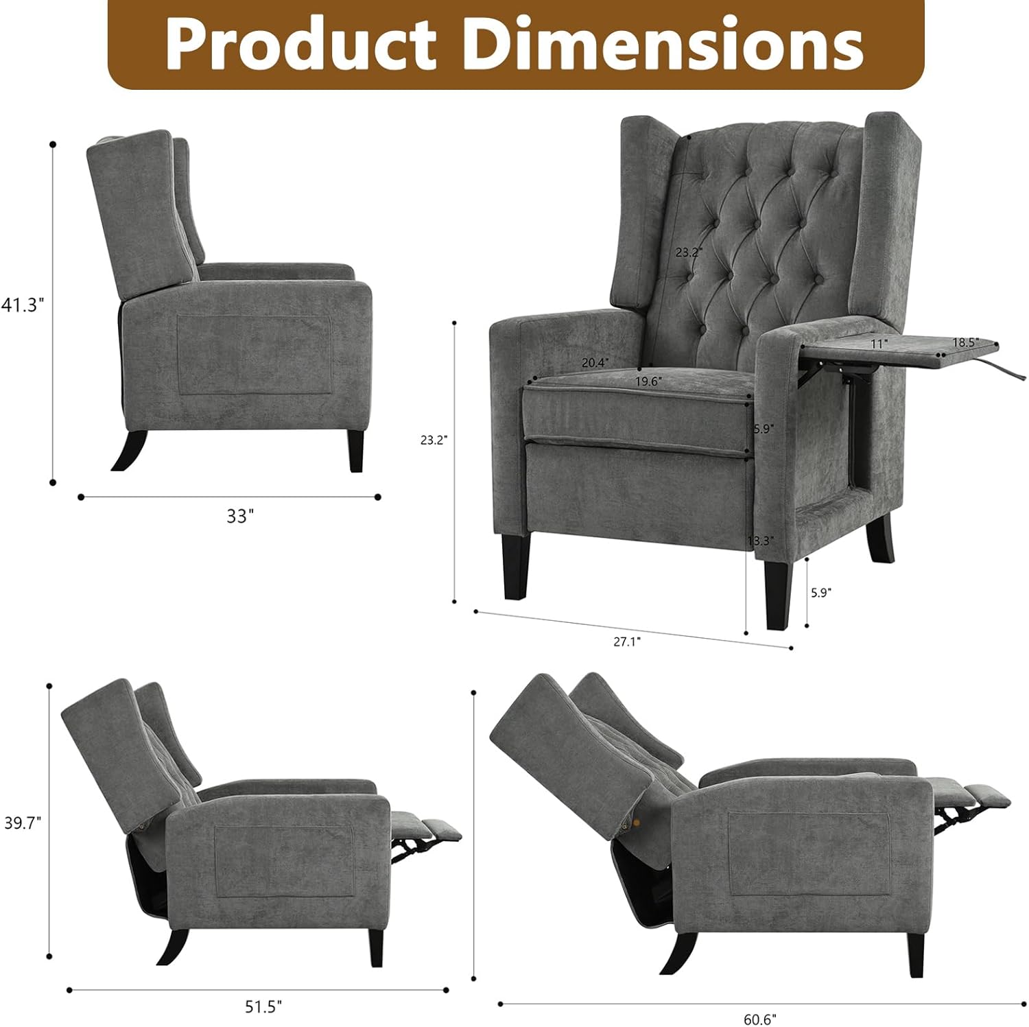 Wingback Recliner Chairs with Foldable Side Table&USB Charging Ports,Mid Century Accent Single Sofa Small Recliner Chair,Modern Comfy Pushback Reclining Chair for Living Room (Polyester, Grey)