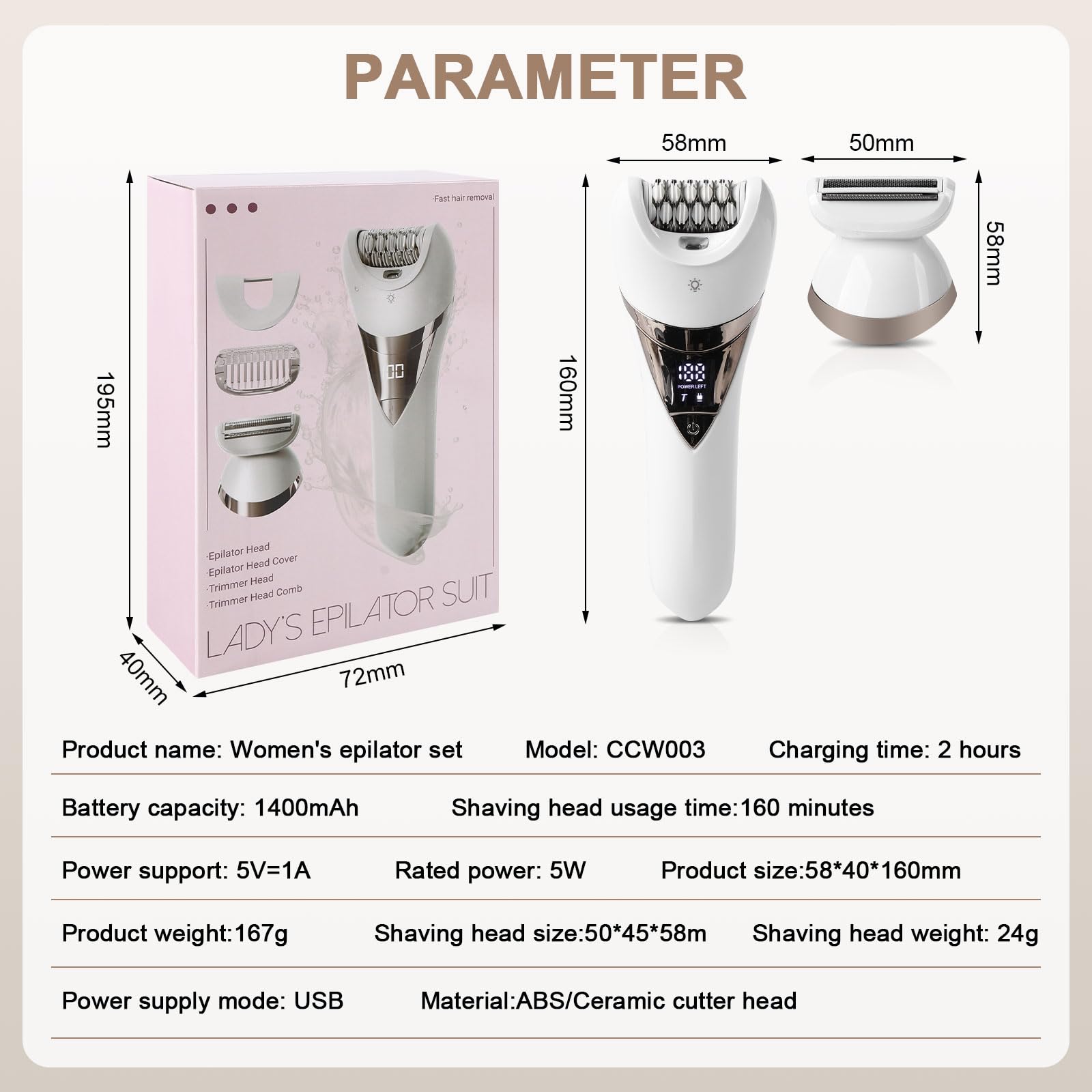 Electric Lady's Epilator,2in1 for Face, Chin, Arm, Leg, Armpit, Bikini Trimmer,Shave& Epilate, Wide Head for Fast Epilation,Wet & Dry Lady Shaver,2 Speeds