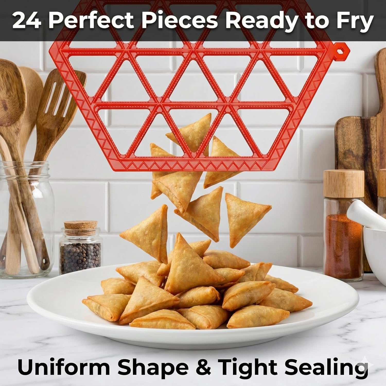 Samosa Maker Tray (Makes 24 Mini Samosas) - Quick & Easy Samosa Mould | Durable, BPA-Free Food-Grade Plastic | Perfect for Parties & Snacks | Dishwasher Safe Kitchen Tool (Red)