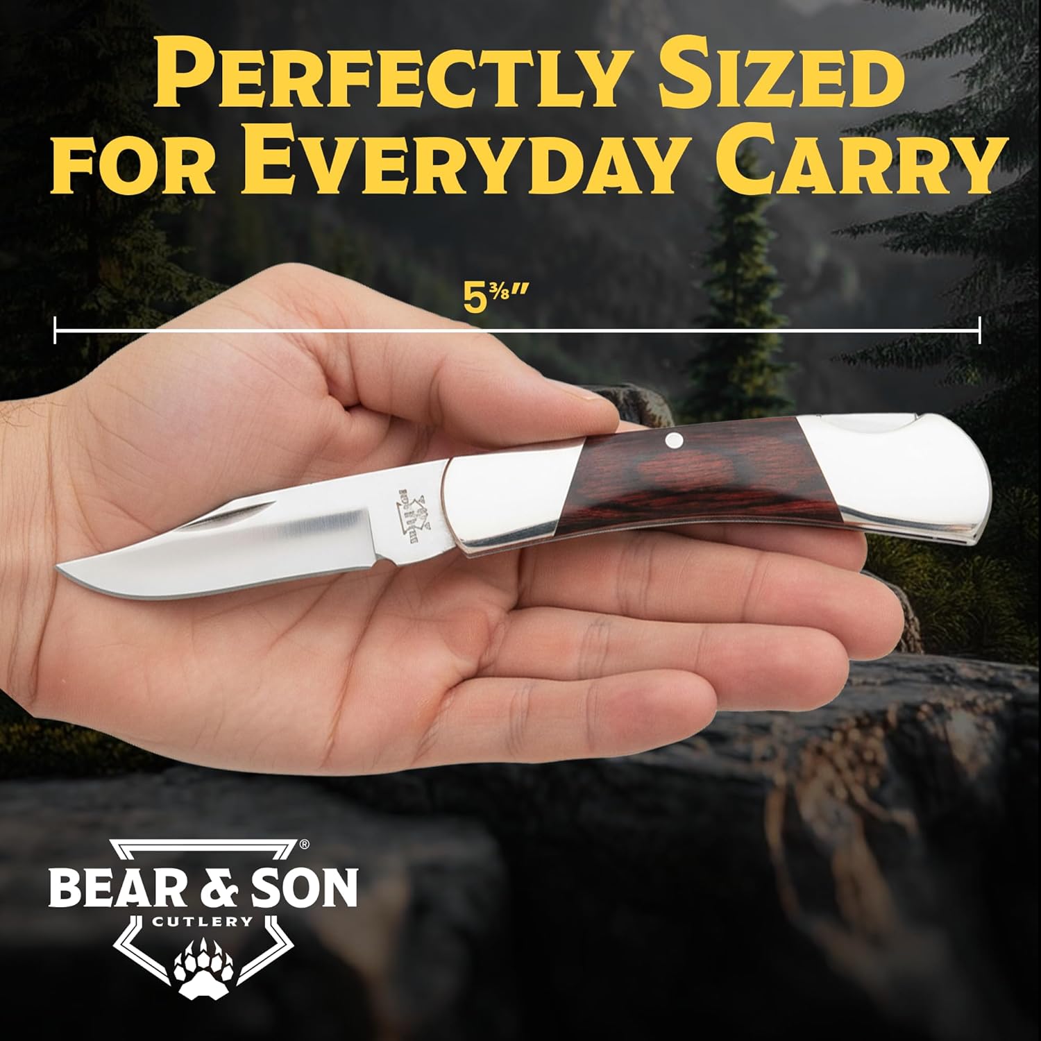 Bear & Son Small Folding Pocket Knife – 2.25" Clip Point Blade 440 Stainless Steel | EDC Knife with Rosewood Handle & Nickel Silver Bolsters | Manual Lockback for Everyday Carry, Camping & Outdoor Use
