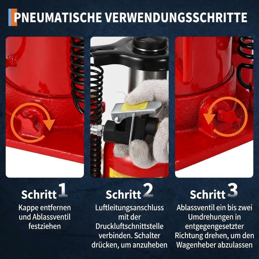 Pneumatischer & Manueller Flaschenheber 20T, Niedrigprofil, Hubhöhe 210,