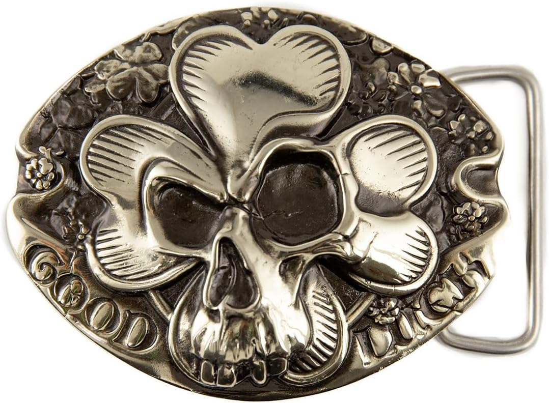 Lucky Skull belt buckle, Handmade Celtic St Patrick four leaf clover lucky german silver belt buckle with skull