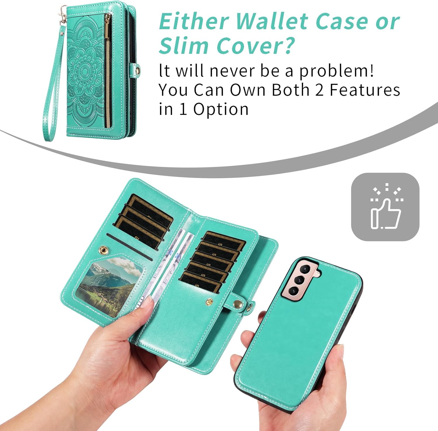 Asuwish Phone Case for Samsung Galaxy S21 5G 6.2 inch Zipper Wallet Detachable Cell Cover with Tempered Glass Screen Protector Wrist Strap Mandala Flower Credit Card Holder S 21 21S G5 Women Men Green