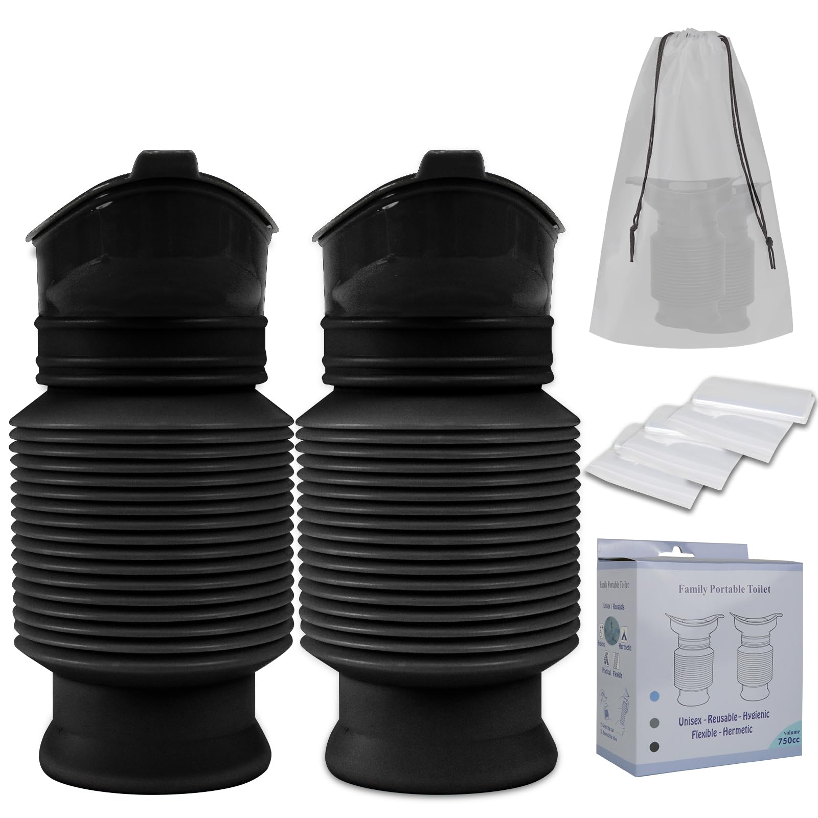 KkaFFe Pee Bottles for Men, Adjustable Emergency Urinal, Car Pee Bottle for Men and Women, Portable Toilet for Car, Shrinkable Personal Mobile Toilet,Urine Bottle (Black + Black, One Size)