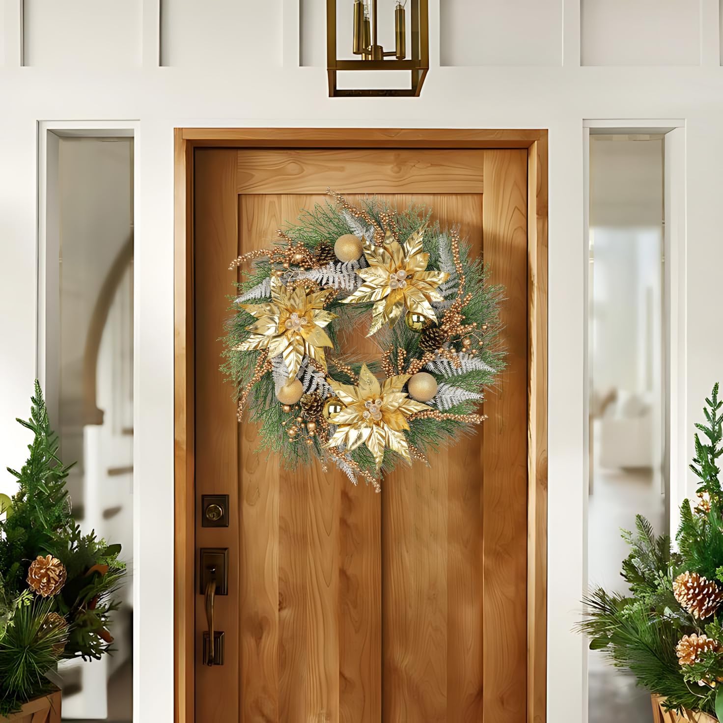 Artificial Christmas Wreath for Front Door - 24 Inch Winter Wreaths Gold Poinsettia with Pine Cones & Ornaments Faux Greenery Wreath for Wall Window Porch Farmhouse Home Holiday Indoor Outdoor Decor - Image 4