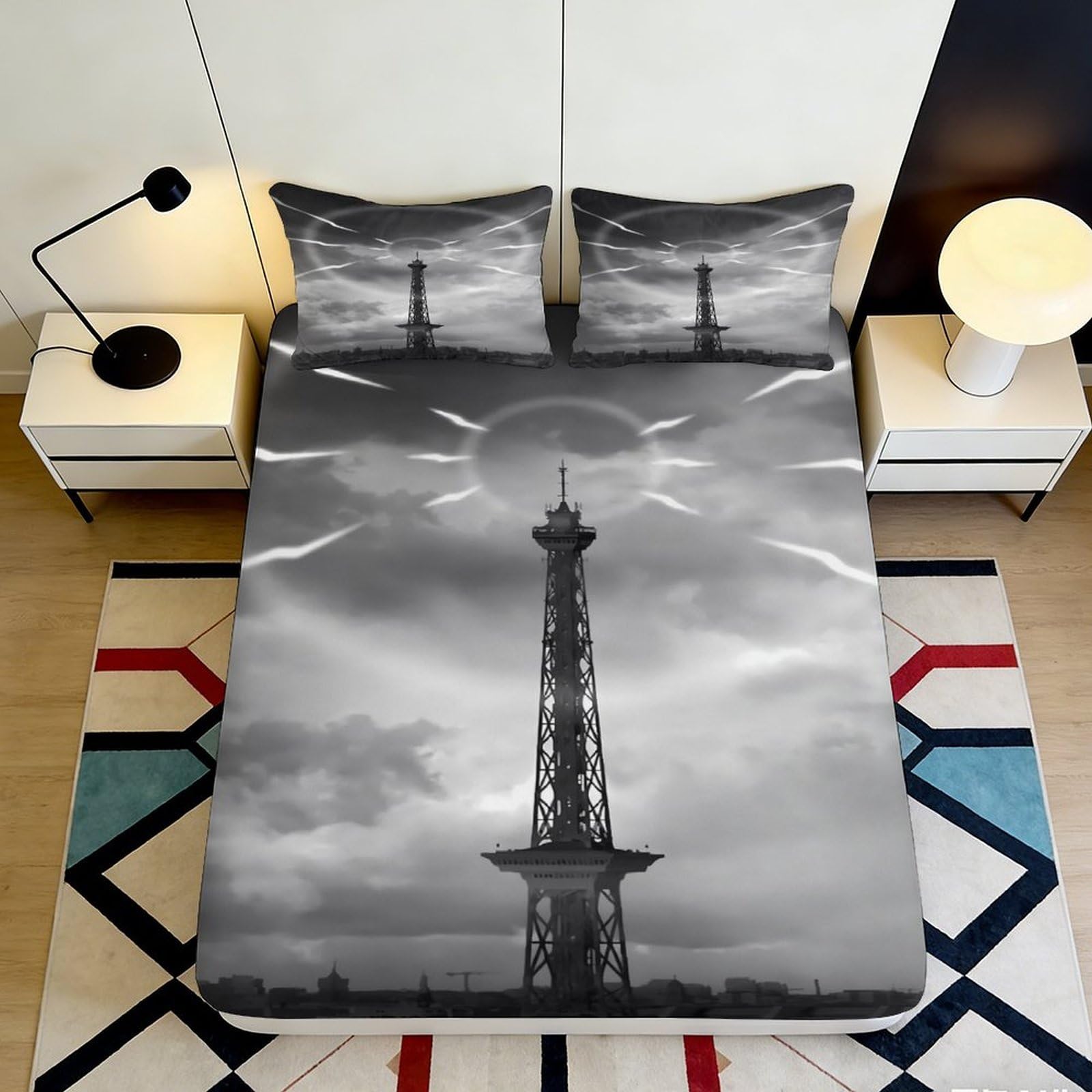 3D Printed Paris Eiffel Tower Fitted Sheet Microfiber Grey Artistic Bed Cover for Bedroom Guest Room Decor 90x200x25cm
