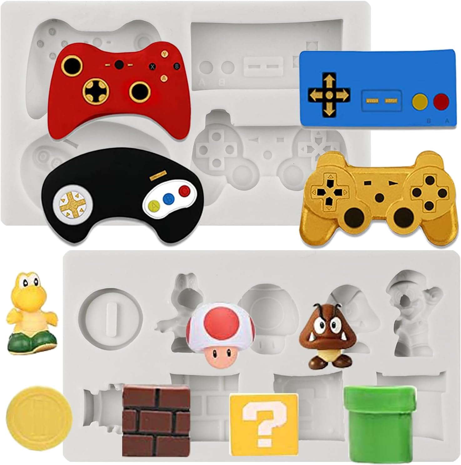 Game Controller Silicone Molds Video Game Gamepad Candy Mold Icon Square Brick Dragon Mushroom Gold Coin Mold for Cake Decoration Cupcake Toppers Fondant Chocolate Polymer Clay Set Of 2