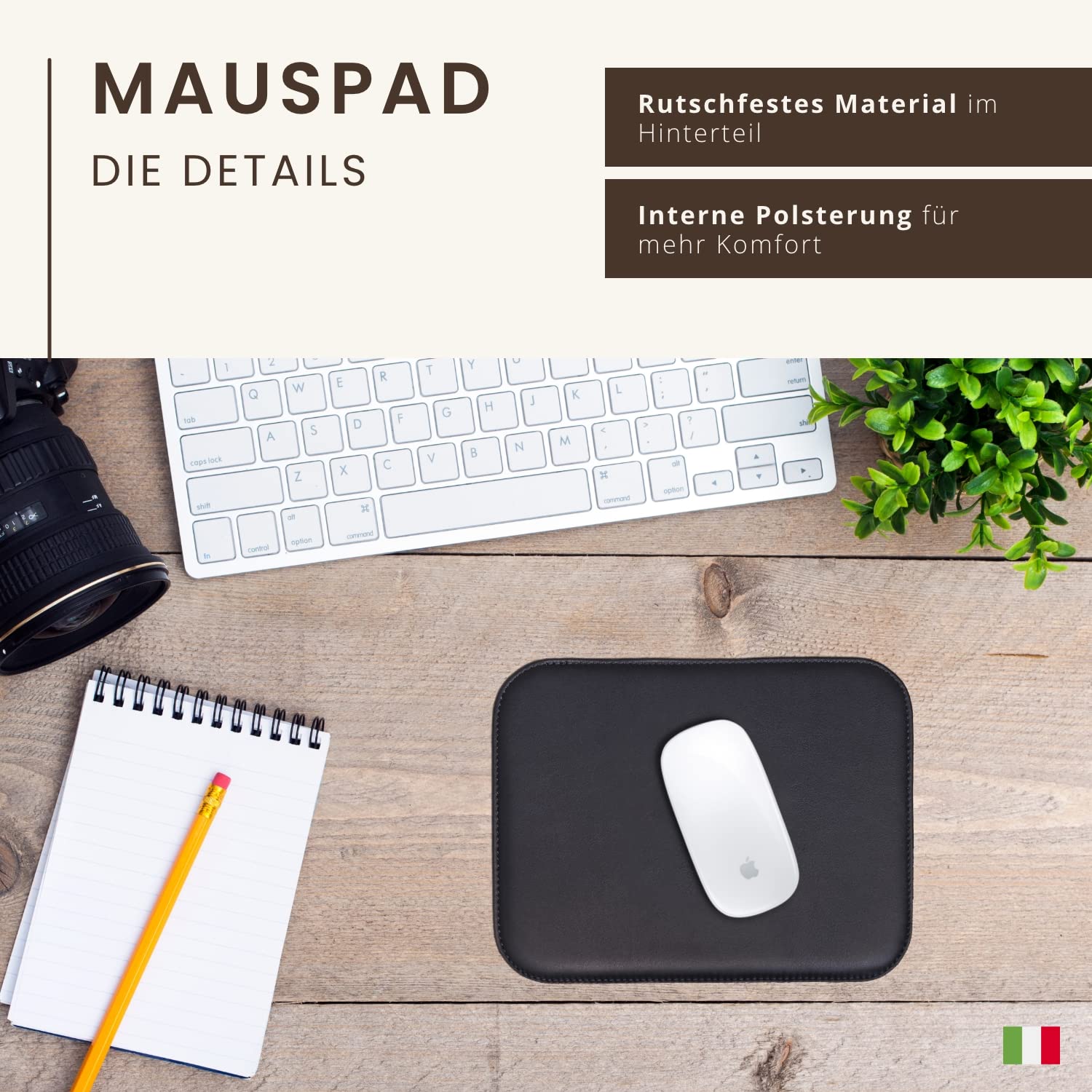 Maruse Leder Mauspad – Italienisches Vollleder – Für Büro & Home Office Mousepad – Handgefertigt in Italien – Braun
