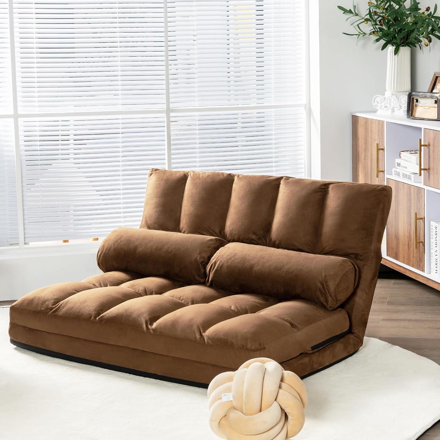 Moccha Folding Floor Sofa Bed, 6-Position Adjustable Lazy Sofa with 2 Pillows, Suede Cloth Cover, Convertible Gaming Sofa Recliner, Modern Chaise Lounge Floor Couch for Living Room, Bedroom, Brown