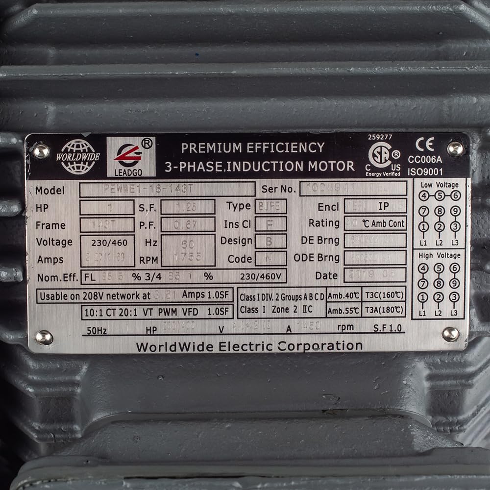 1 HP 3 Phase Electric Motor 143T Frame 1800 RPM TEFC 230/460V Worldwide Electric PEWWE1-18-143T