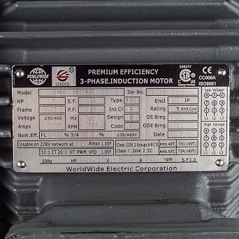 1 HP 3 Phase Electric Motor 143T Frame 1800 RPM TEFC 230/460V Worldwide Electric PEWWE1-18-143T