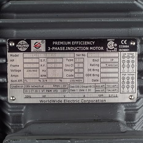 1 HP 3 Phase Electric Motor 143T Frame 1800 RPM TEFC 230/460V Worldwide Electric PEWWE1-18-143T