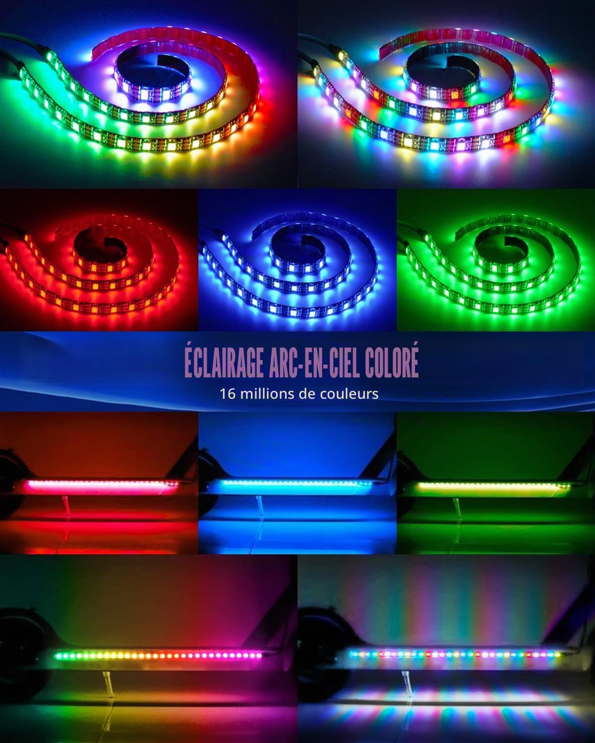Keiurot Bande Lumineuse LED pour Scooter, Lumières LED pour Conduite Nocturne sur Skateboard Lumières de Scooter Contrôle APP Couleur Électrique Étanche Accessoires pour Scooter 2 en 1