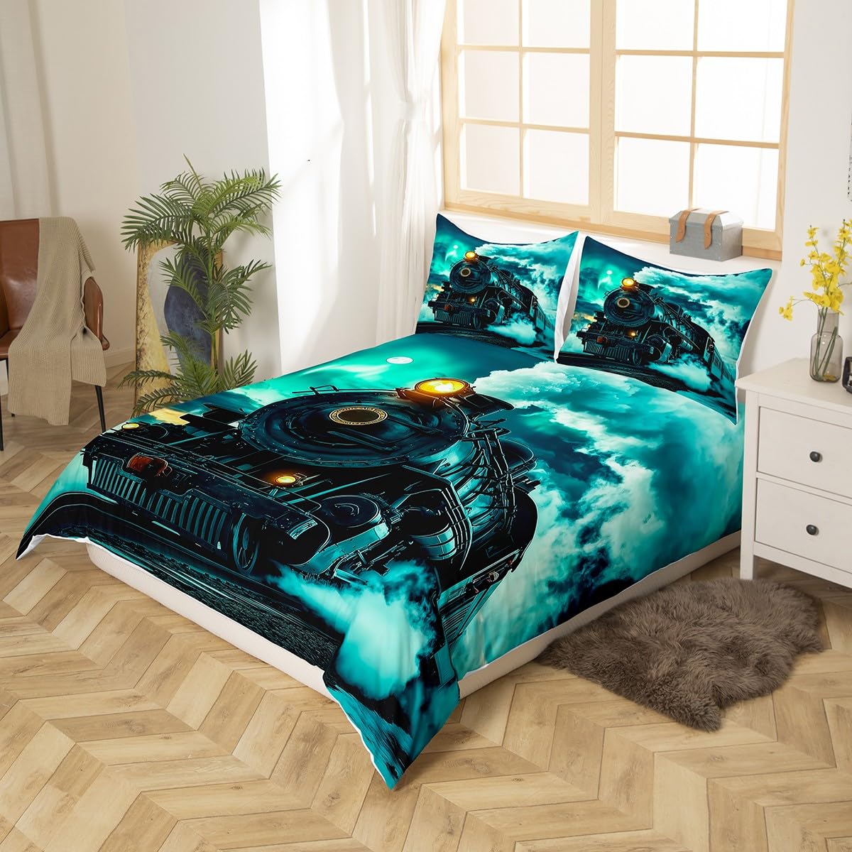 Homewish Retro silnik parowy super king poszewka na kołdrę pociąg tor kolejowy poszewka na kołdrę, vintage samochód dla dzieci chłopców zestaw pościeli pojazdy księżyc turkus narzuta na łóżko