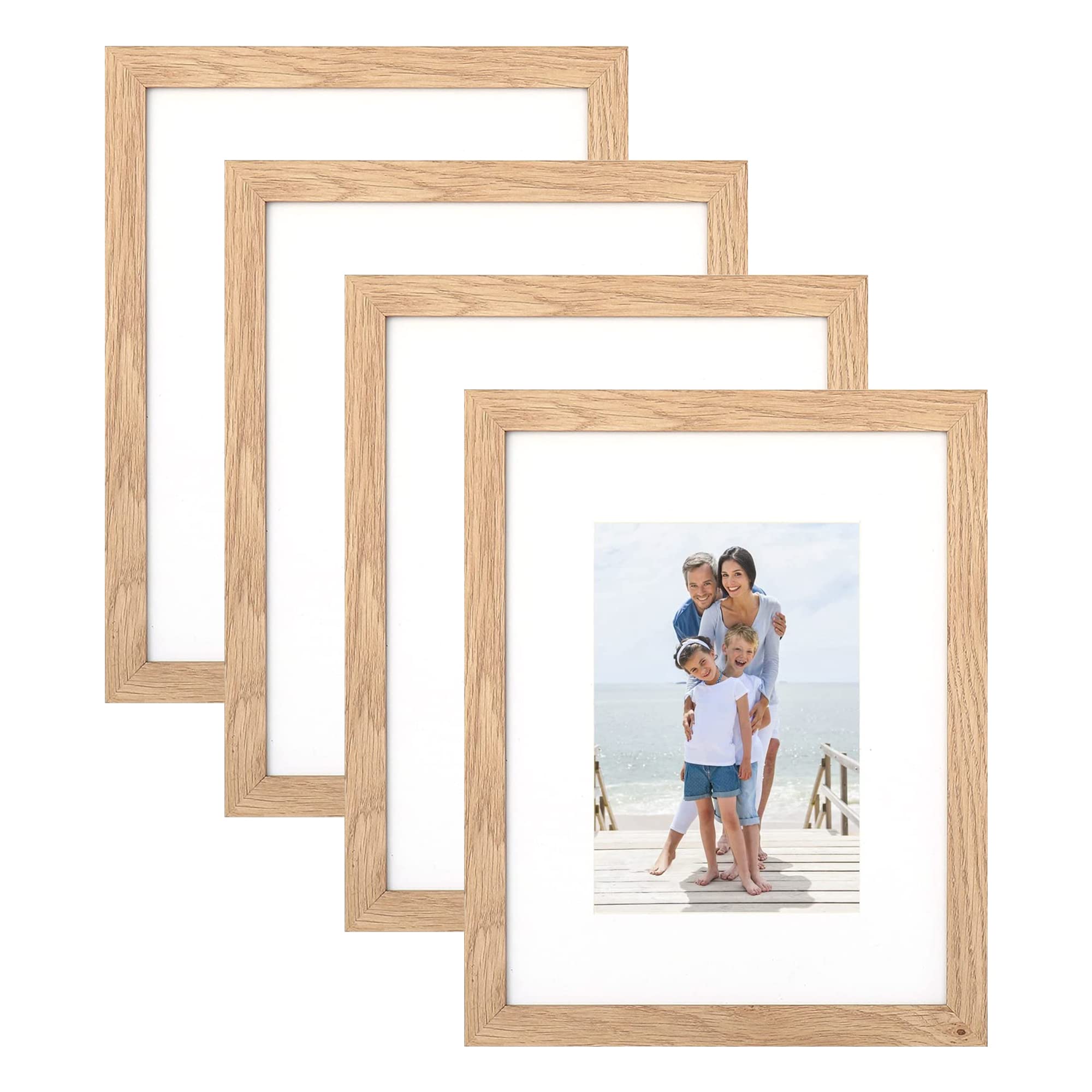 8x10 Picture Frame Set of 4, Made of Perspex Glass, Display Picture 5x7 with Mat or 8x10 without Mat, Wood Grain Photo Frame for Wall Mounting or