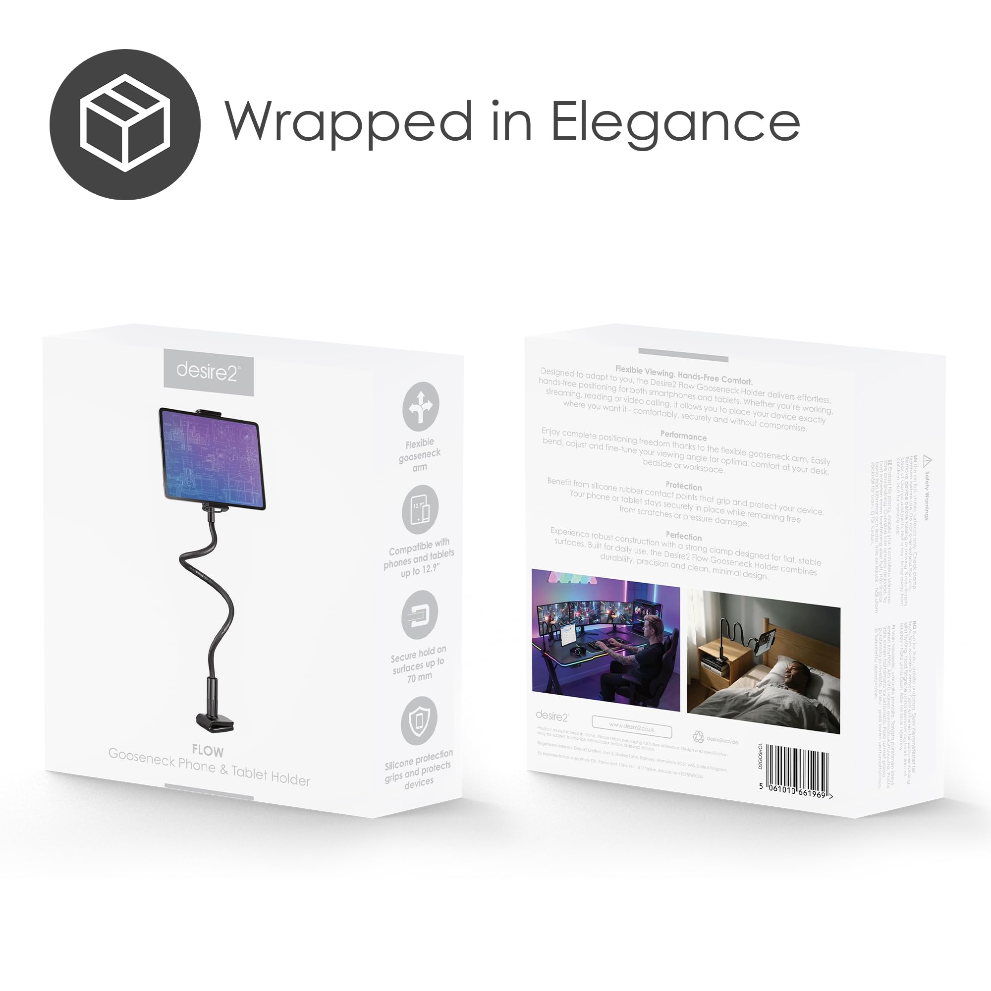 Desire2 Flow - Supporto per telefono e tablet a collo d'oca, braccio flessibile, mani libere, montaggio a morsetto