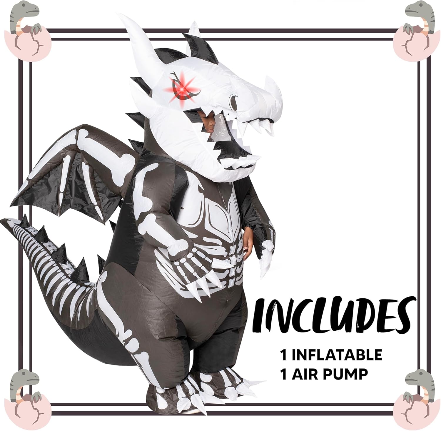 Spooktacular Creations Inflatable Costume for Kids, LED Light Eyes Dragon Skeleton Air Blow Up Costume, 3D Horns Wings for Halloween Parties (3ft11” - 4ft7”) - Image 3