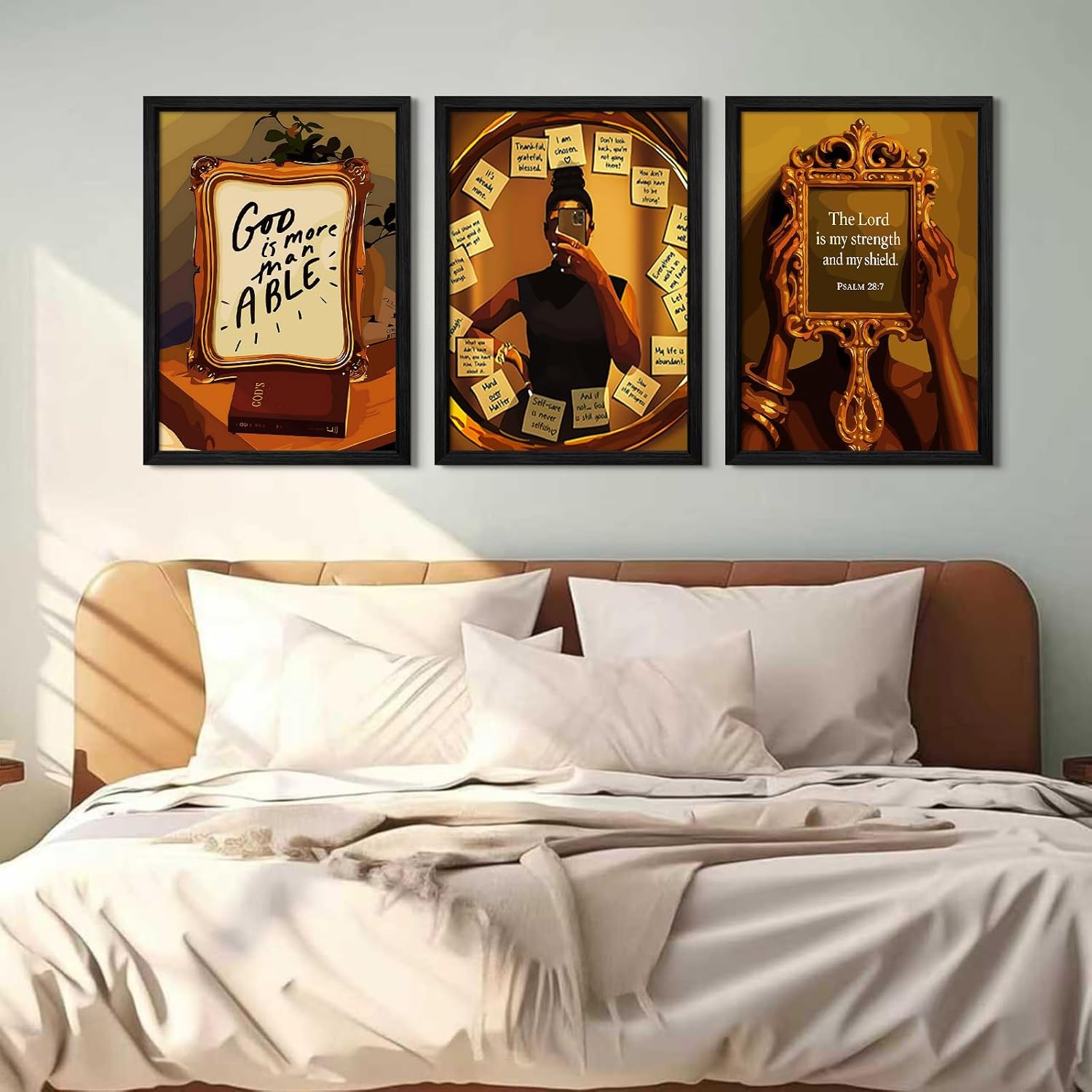 Black Girl Wall Art Bible Verse Canvas Wall Decor Black Woman Christian Poster African American Women Prints Religious Pictures Fashion Scripture Painting for Living Room 12x16 Inch Framed Set of 3
