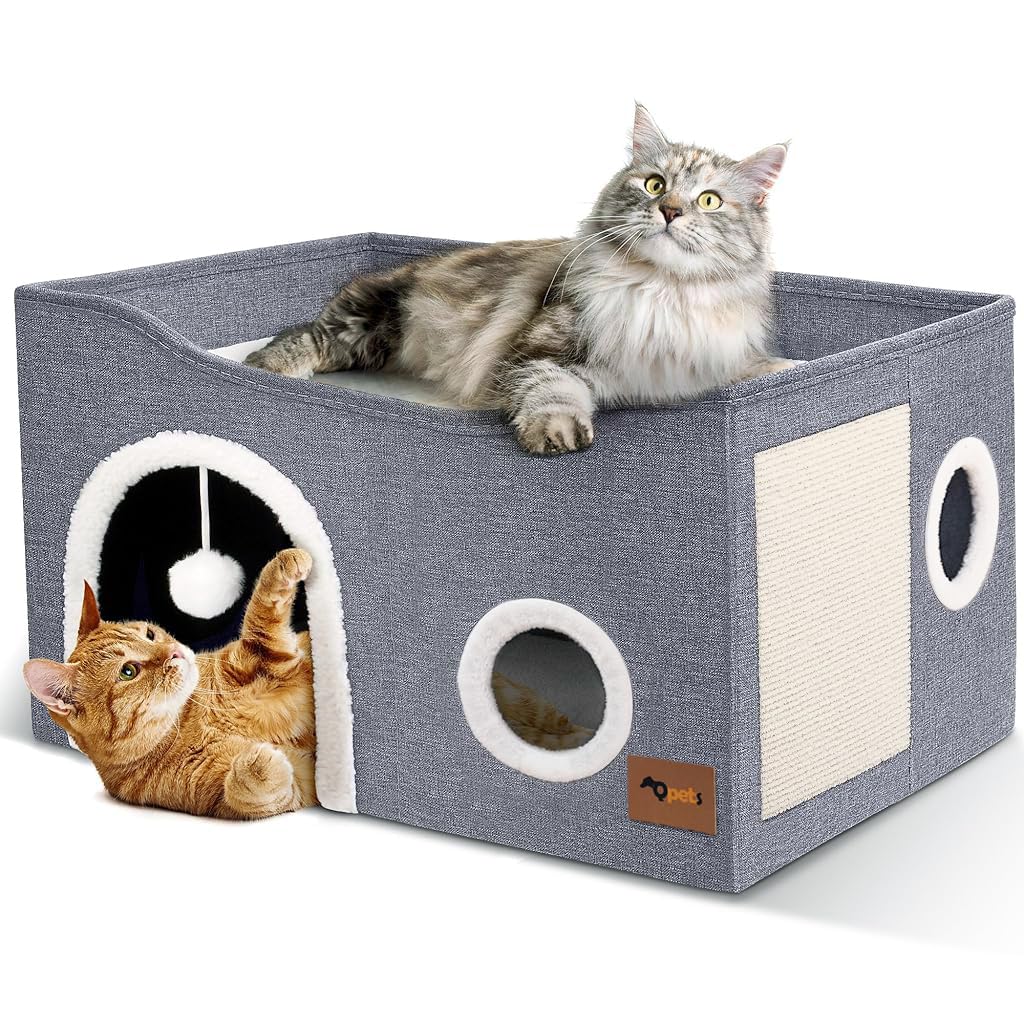 Qpets® Cat Bed, Large Cat House, Foldable Pet Cave with ATOP Platform & Scratcher Board, Double Layer Pet Hidewawy Game Tunnel for All Season Use