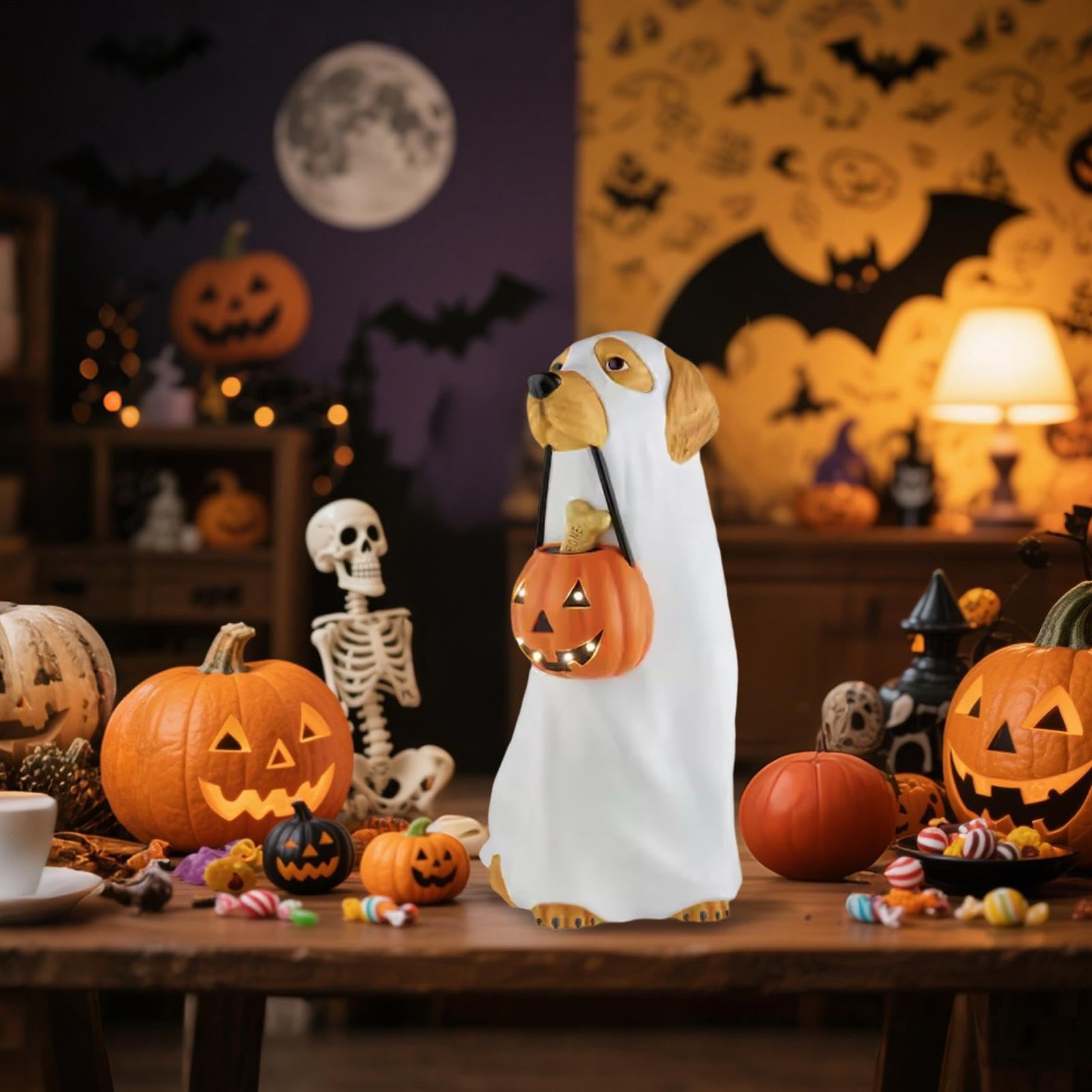 Statue effrayante à piles chien fantôme déco Halloween autonome sans fil