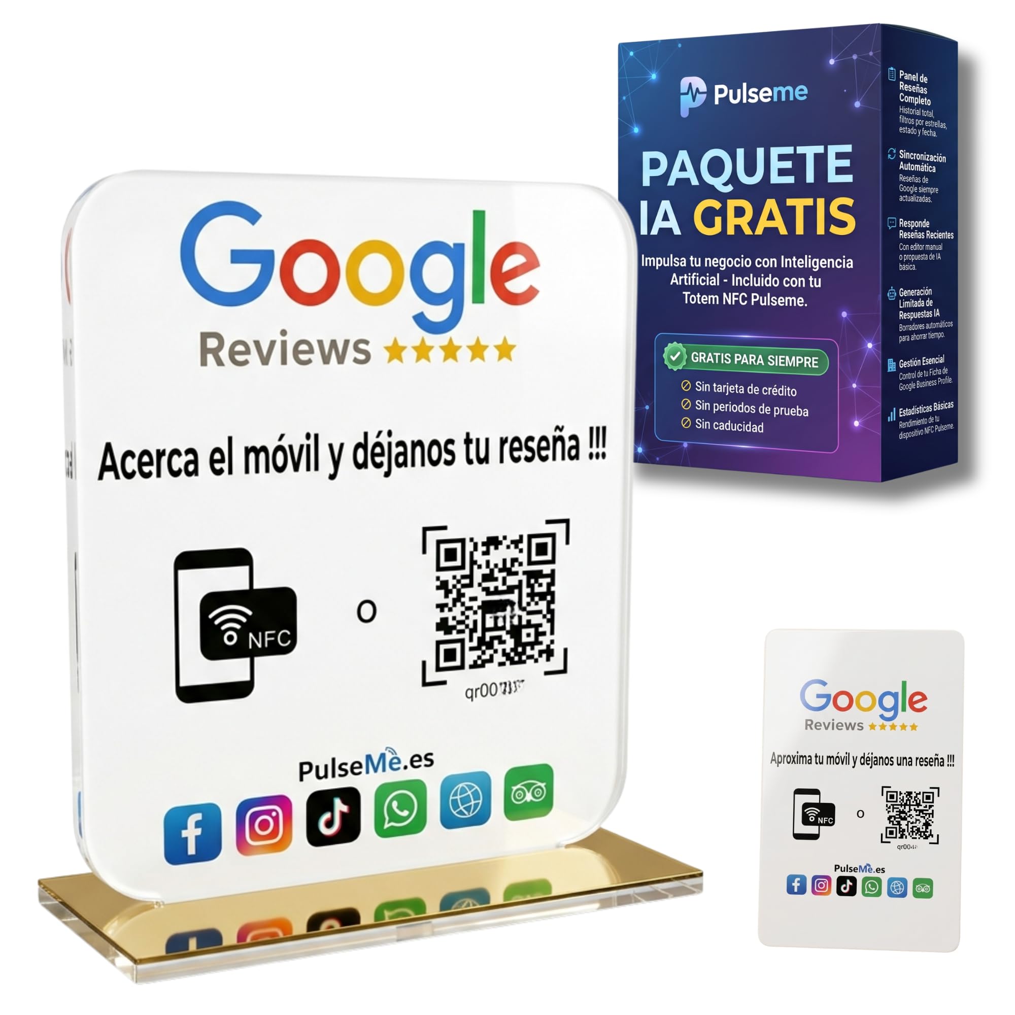Placa NFC + QR Todo-en-Uno:Conecta tus Redes Sociales y dispara tus Reseñas |Mini Web Incluida|Filtro AntiNegativas|Sin Cuotas|Ideal Hostelería, Comercios (1 Acrilico en Castellano)