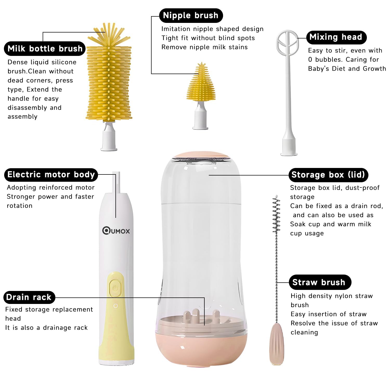 QUMOX Brosse Électrique pour Biberon Bébé, Kit de Nettoyage 6-en-1 Rechargeable USB avec Boîtier de Rangement – Brosse Motorisée pour Biberons, Tétines, Pailles, Tasses et Gobelets (Jaune)