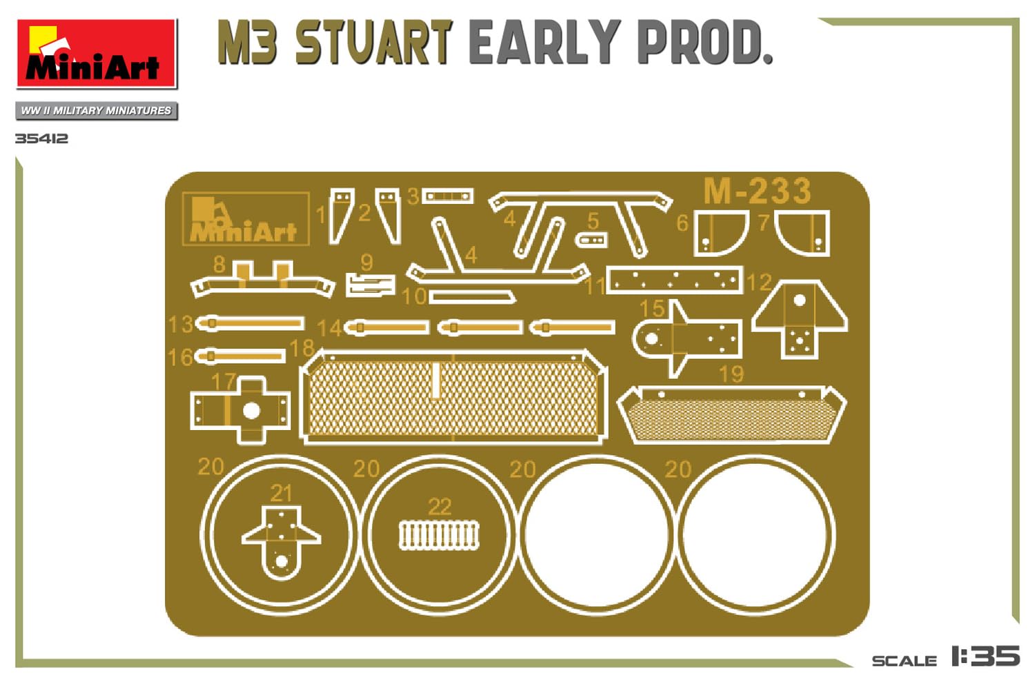 Mini Art 35412 1:35 M3 Stuart. Wczesna produkcja - wierna replika, modelarstwo, plastikowy zestaw do budowania, majsterkowanie, hobby, klejenie, zestaw modelarski, montaż, nielakierowany