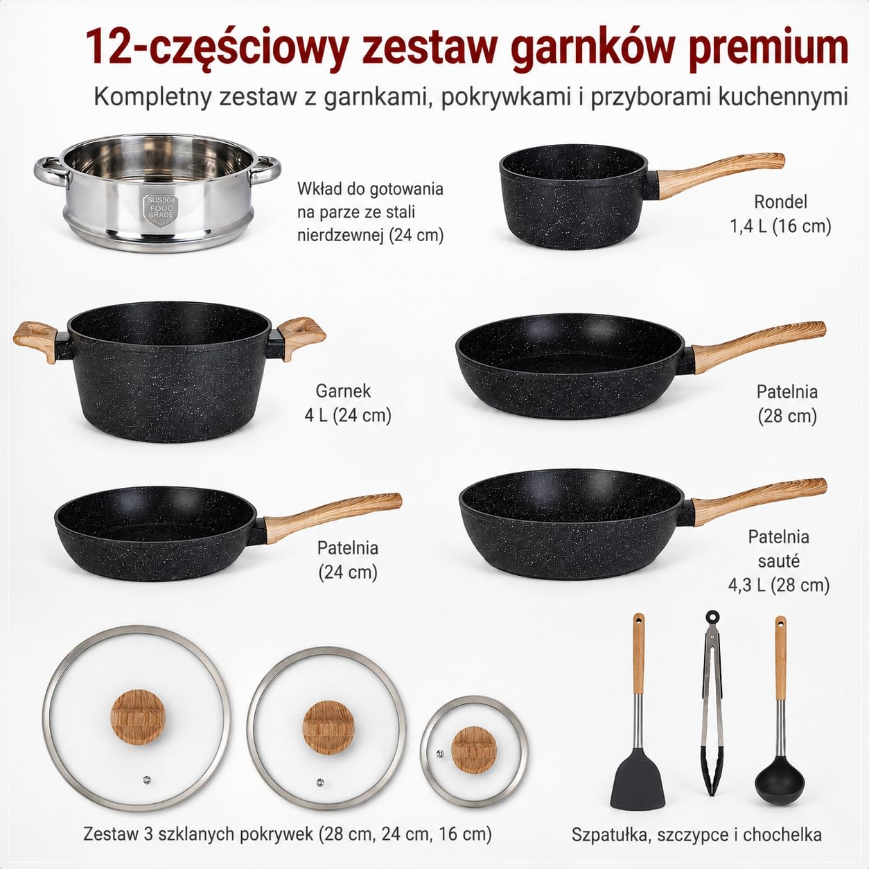 Zestaw Naczyń do Gotowania, 12-częściowy | Garnki i patelnie aluminiowe, Powłoka zapobiegająca przywieraniu, Z garnkami parowymi