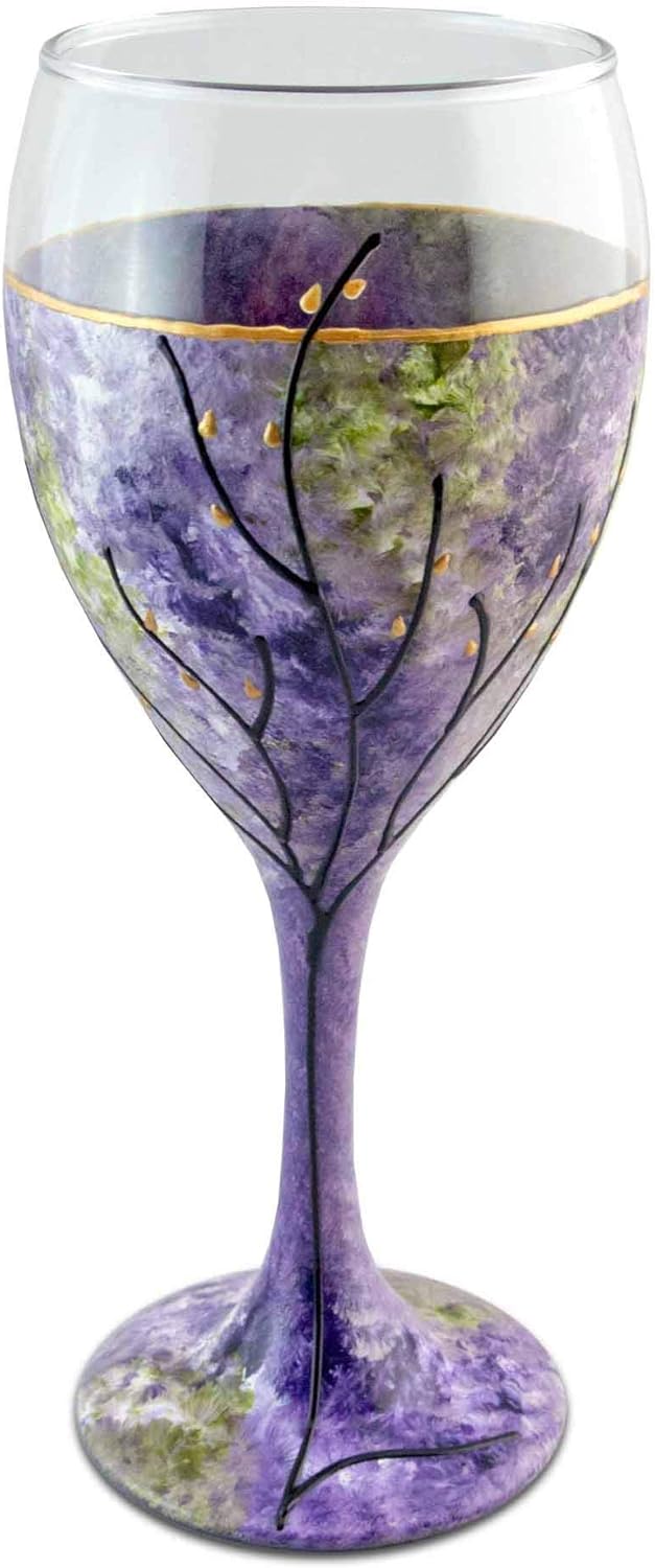 Sand and Water Creations Hand Painted Kiddush Cup Wine Glass Tree of Life 7" Purple Green