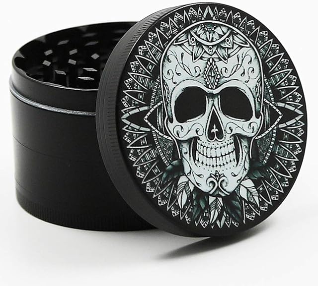 Large Metal Herb Grinder with Pollen Catcher, Shifter and Magnetic lid 63mm/2.5 inches (Mandala Skull)