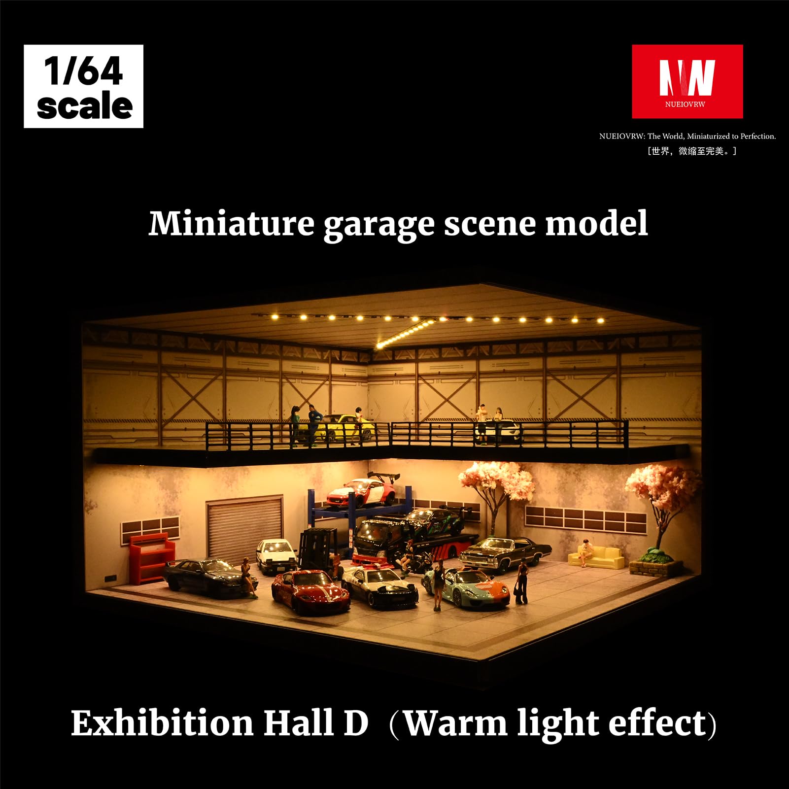 1/64 Diorama Garage Modell, Dreifarbige Beleuchtung Parkplatz Szene Display Case, Modellautos Szene Vitrine, Diecast-Modellautoszene mit 10 Helligkeitsstufen, 20 Fahrzeuge Stehen zur Verfügung(D)