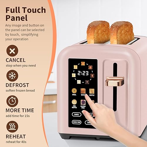 Miniatura 4 de SEEDEEM Tostadora de 2 rebanadas, pantalla LCD de tostadora de acero inoxidable con control táctil, velocidad de calentamiento 50% más rápida,