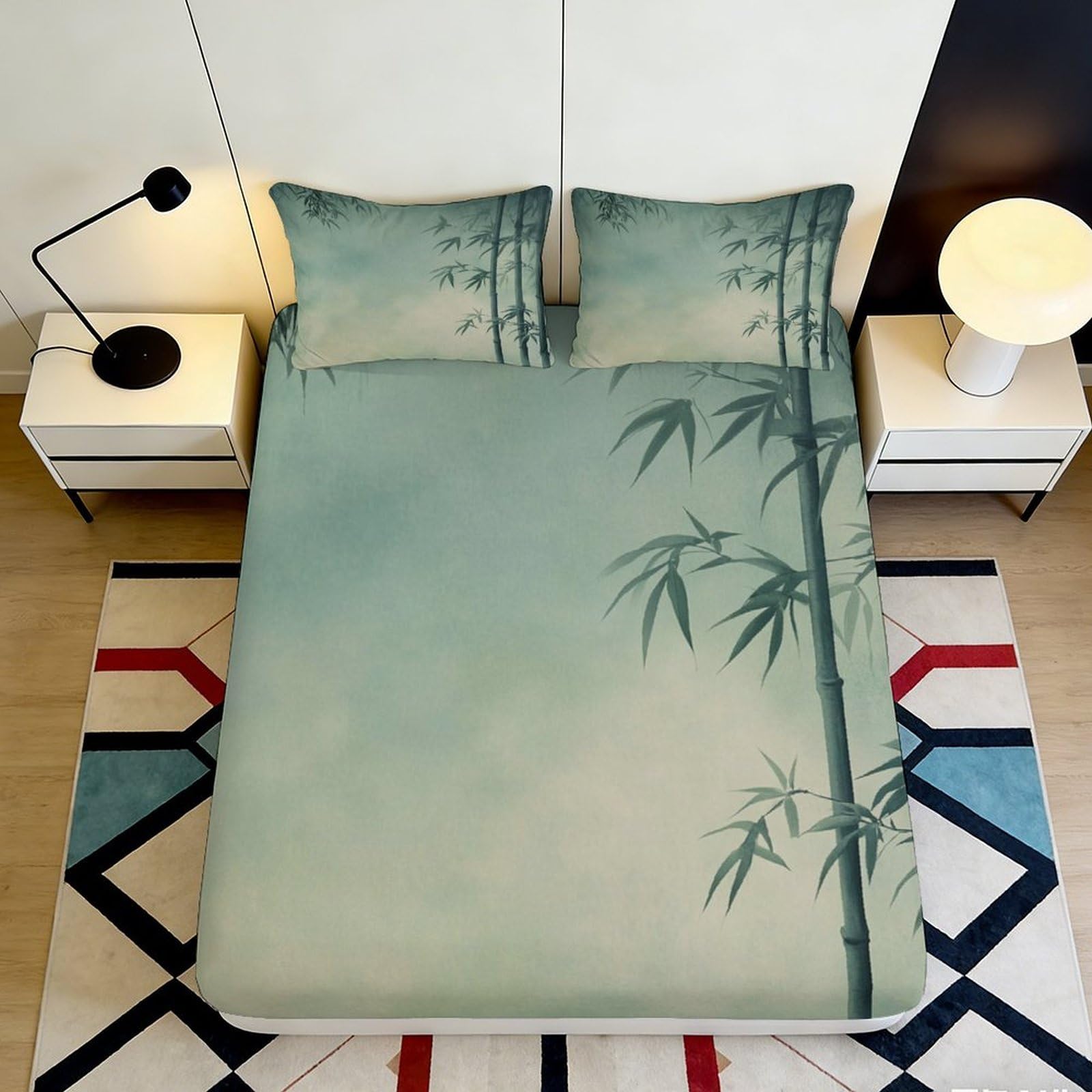 3D Printed Bamboo Mist Fitted Sheet Microfiber Soft Breathable Zen Green Leaves Bed Cover for Bedroom Dorm Decor Protection 90x200x25cm