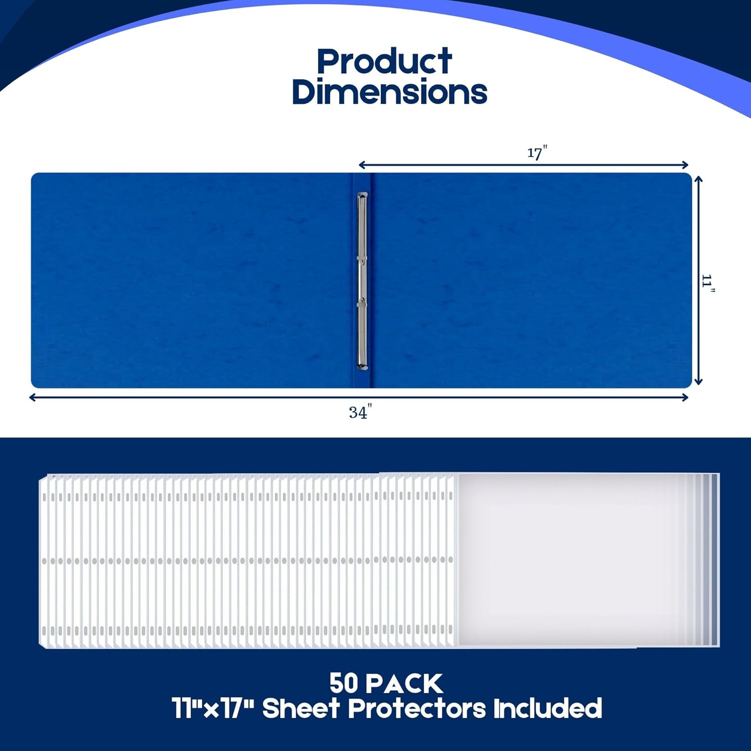 Performore - 10 Pack of 11 x17 Landscape Pressboard Presentation Binder Folders with 50 Sheet Protectors. Blue Fiberboard Report Covers with 3" Capacity Metal Prong Paper Fastener to Bind Reports