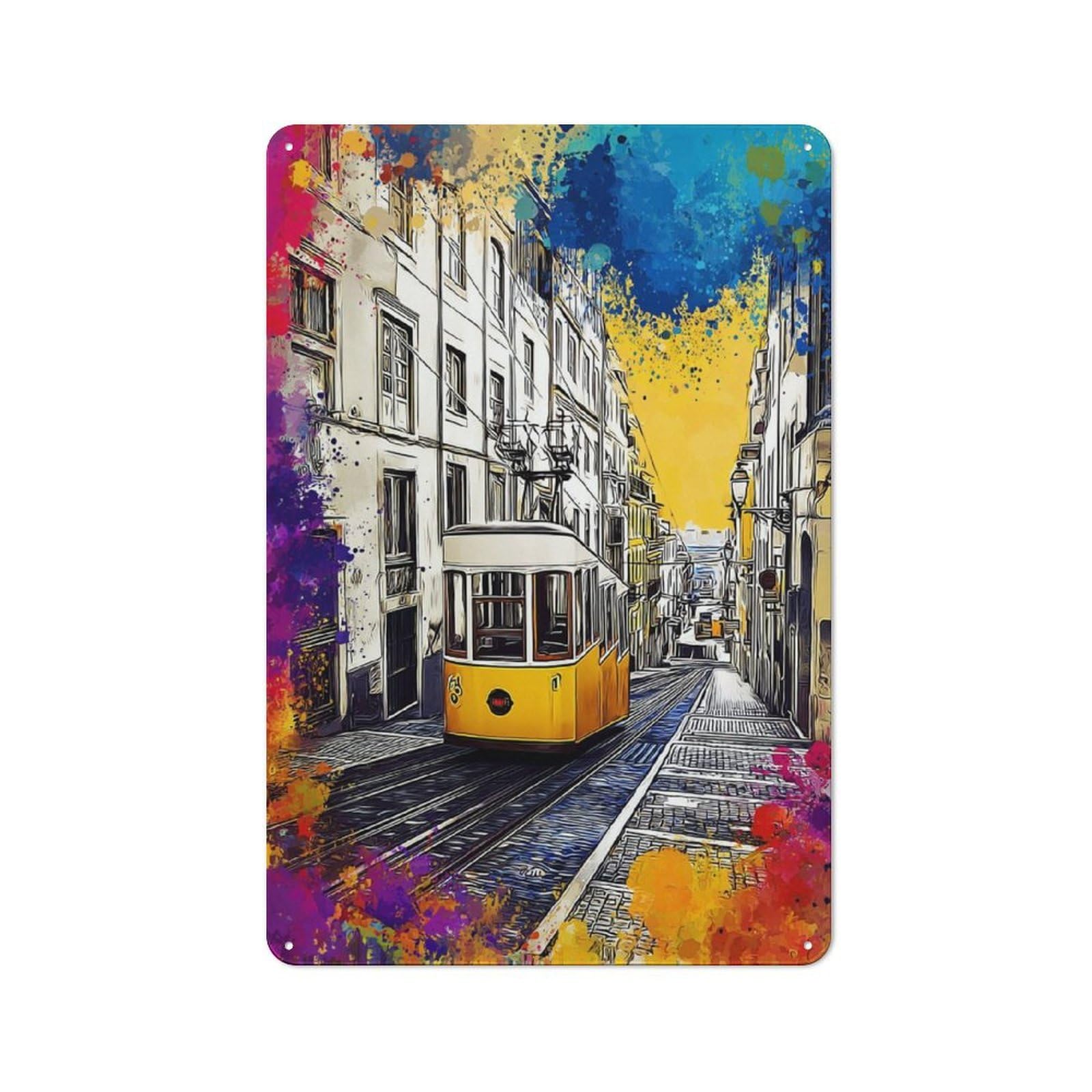 Tin Wall Plaque 30x20cm with Colorful Cityscape with Tram for Garage Or Workshop, for Living Room, Hallway And Entrance Wall Decor