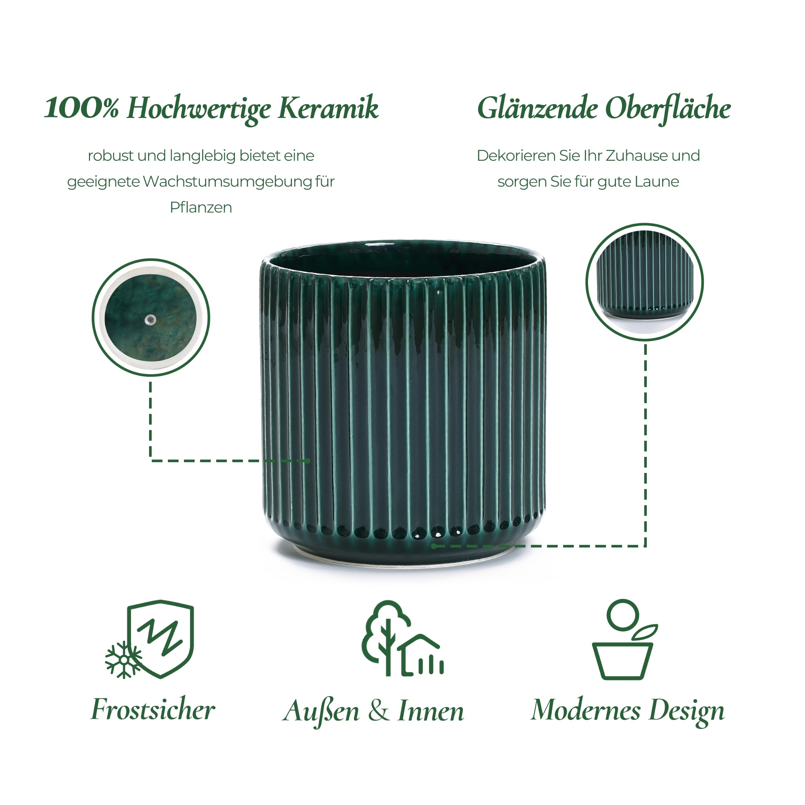 Keramik Blumentopf Groß, Ø30 Round Übertöpfe mit Drainage Dunkelgrün
