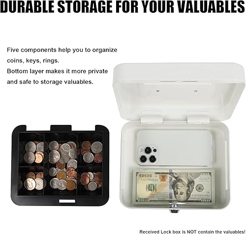 Miniatura 9 de Caja de dinero pequeña con cerradura de combinación y bandeja de efectivo extraíble, caja de dinero de metal para dinero en efectivo, organizador de