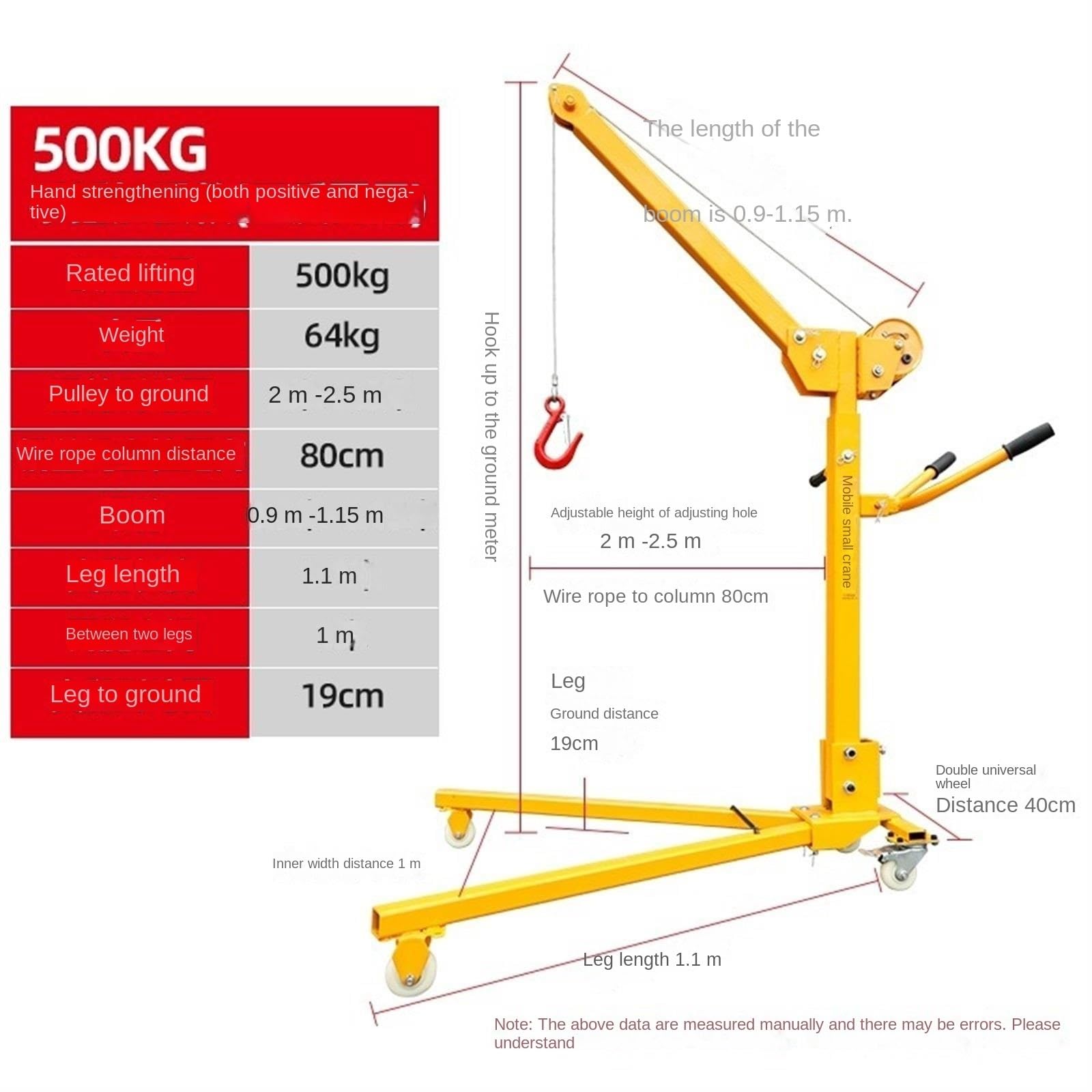 Portable Hand Crank Hoist, Foldable Manual Home Lift for Car Micro Lifting Crane MINGPING(500 kg)
