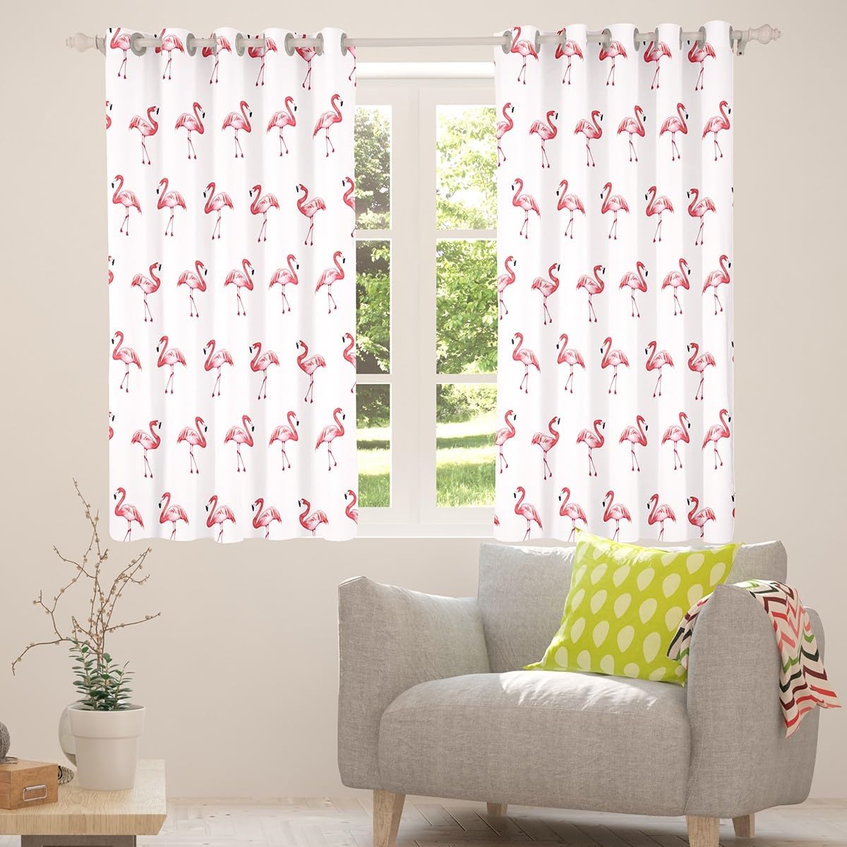 Flamingo Window Curtain,Lovely Tropical Animal Curtains Kids Boys Girls Teen Adult Room,Sweet Cartoon Window Treatment Curtain Simple Design Print Princess Style Window Drapes,Top 2 Panels,42" Wx63 L