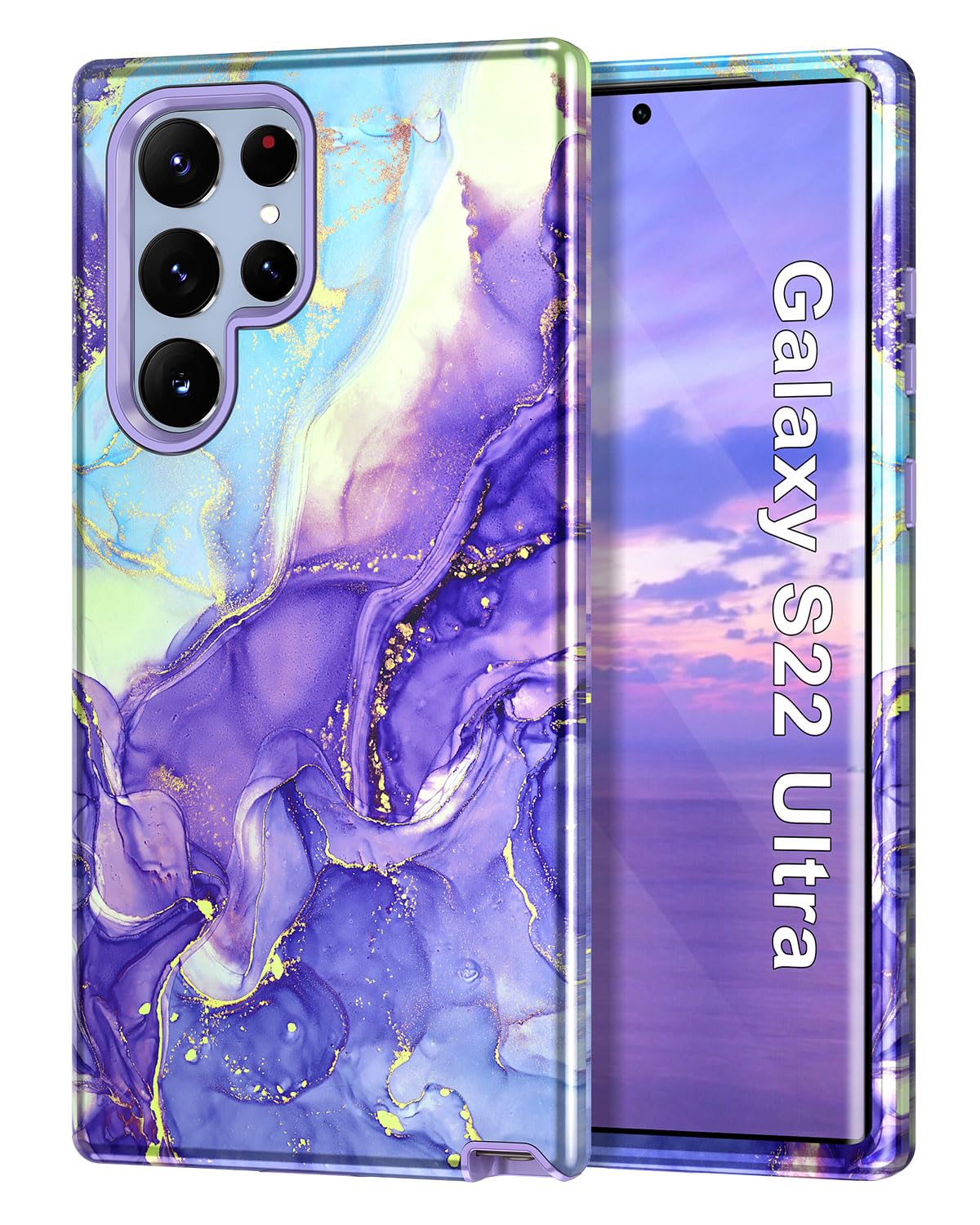 Btscase for Samsung Galaxy S22 Ultra 5G Case, Marble Pattern 3 in 1 Heavy Duty Shockproof Full Body Rugged Hard PC+Soft Silicone Drop Protective Women