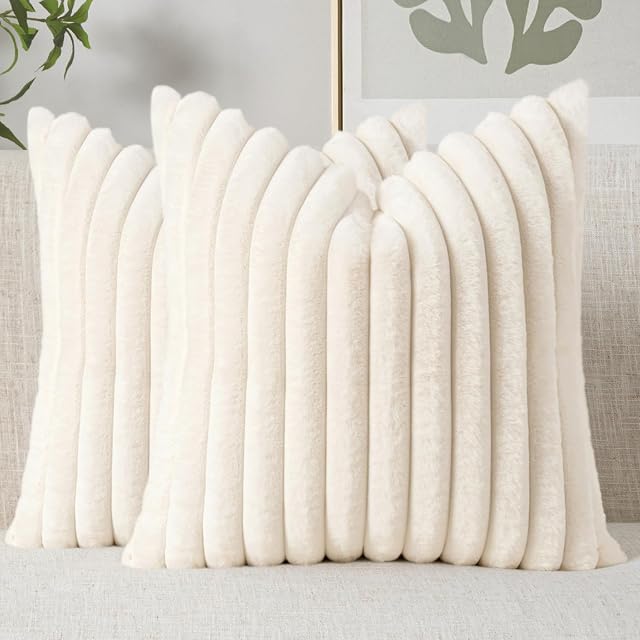 MIULEE Faux Fur Decorative Throw Pillow Covers 18x18 Set of 2 Cream White | Modern Spring Home Decor Soft Plush Couch Pillows Cozy Fluffy Cushion Covers for Sofa Bed Living Room