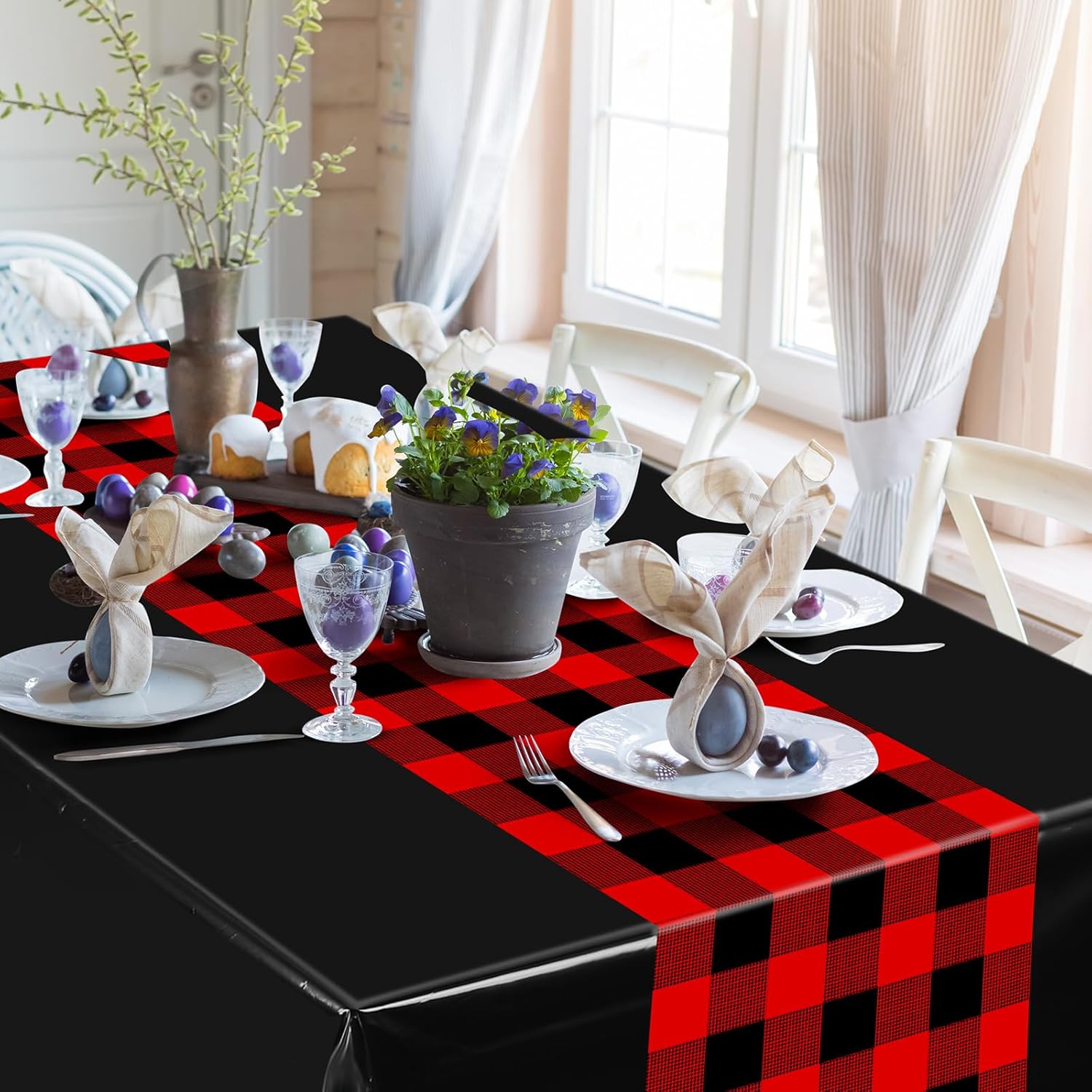 Oudain Christmas Checkered Tablecloth Disposable Plaid Plastic TableCover with Retro Gingham Table Runner Design 108 x 54'' Checkered Buffalo Rectangle Table Cover for Xmas Party(Black Red,12 Pcs)