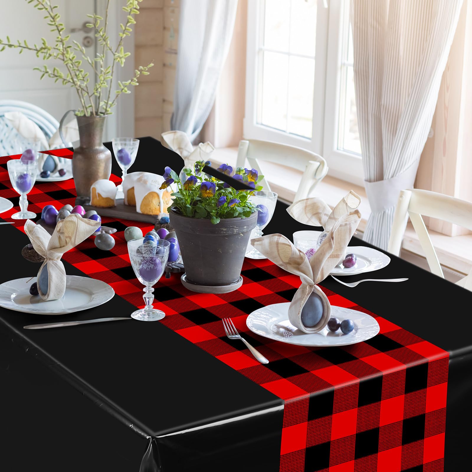 Oudain Mantel de plástico desechable a cuadros con diseño retro a cuadros de 274 x 137 cm, mantel rectangular a cuadros para Halloween, picnic, fiesta de cumpleaños (negro y rojo, 12 piezas)
