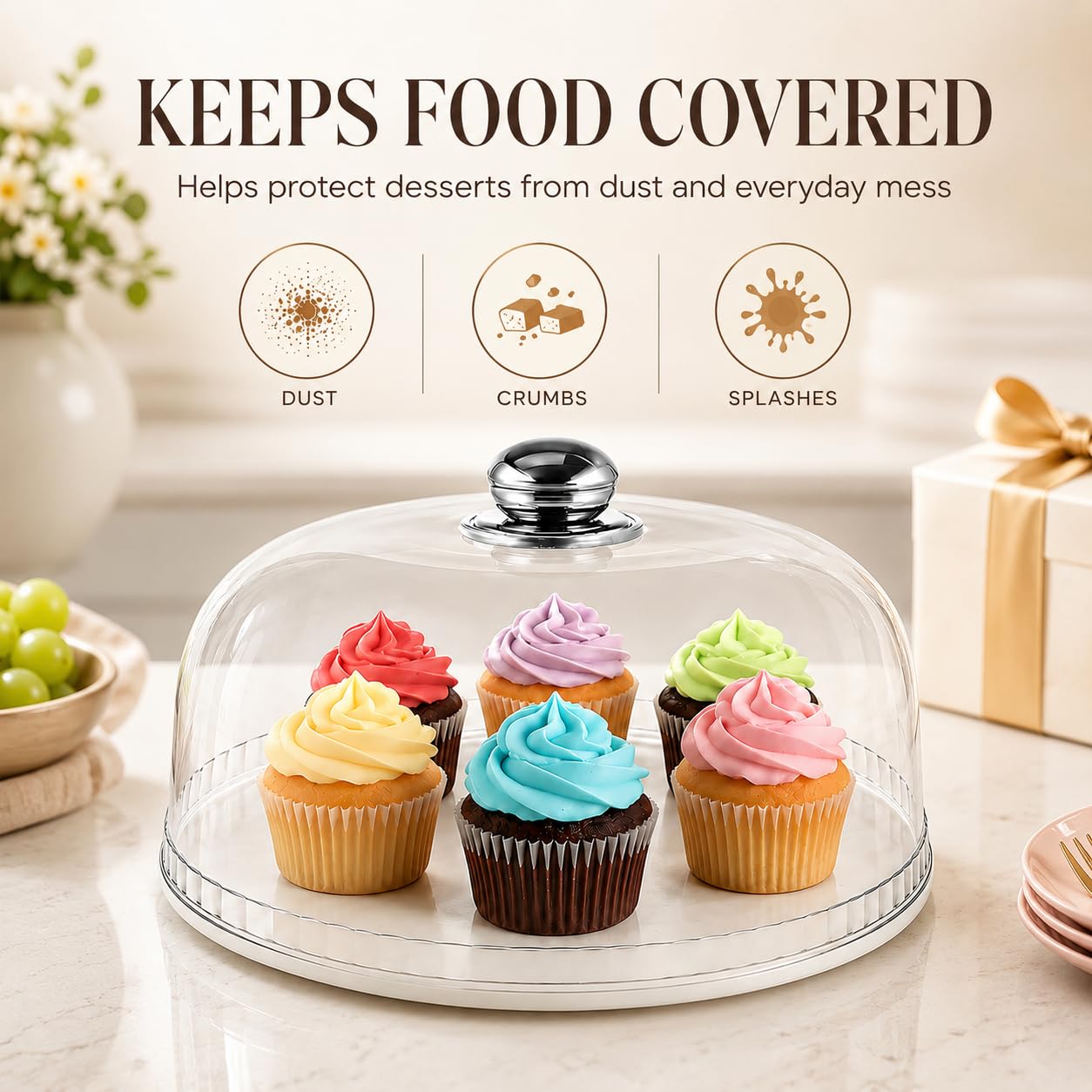 NUOBESTY Couvercle de dôme transparent pour gâteau, dessert, pâtisserie, présentation, service et protection (24,9 cm)