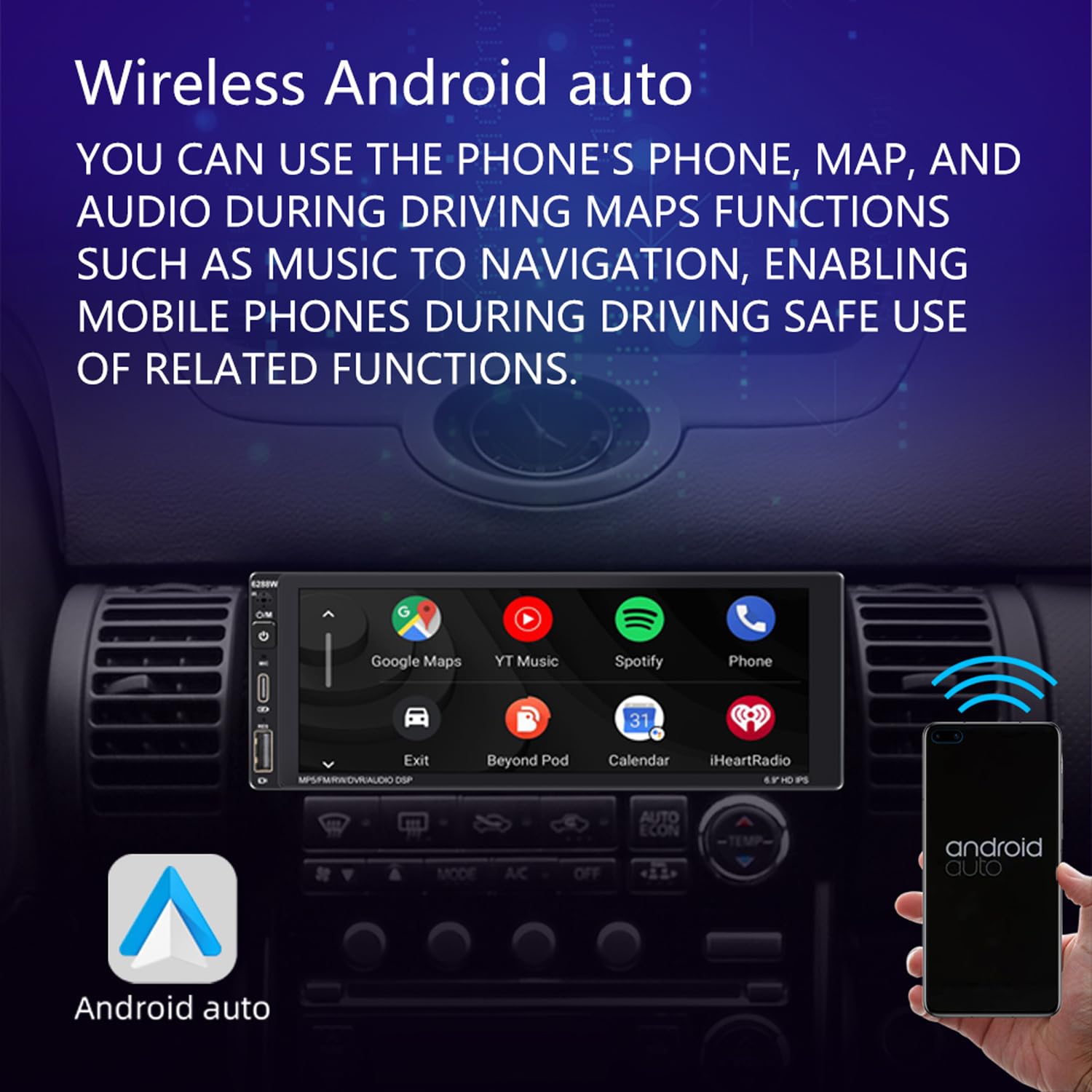 Radio samochodowe 1 Din z bezprzewodowym CarPlay Android Auto 6,9" ekran dotykowy Bluetooth Radio samochodowe z 12 diodami LED Widok z ty?u Obs?uga kamery FM AM RDS Radio Mirror Link USB typu C