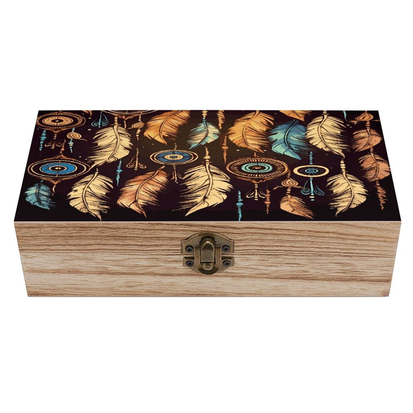 VstaDank Vintage Ethnic Tribal Feather Wooden Storage Box Wooden Keepsake Box with A Hinged Lid Fashion Memory Treasure Boxes Decorative Jewelry Case for Crafts Photo Home Decor Wood Gift Box