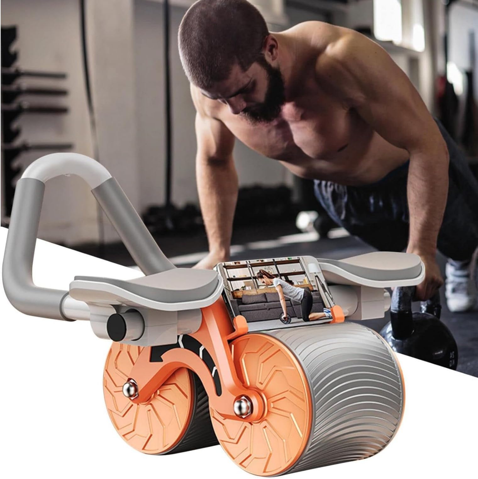 plank abdominal wheel roller with smart timer | rebound assist design, mobile phone holder, triangle support frame, tank giant wheels, core & abs trainer