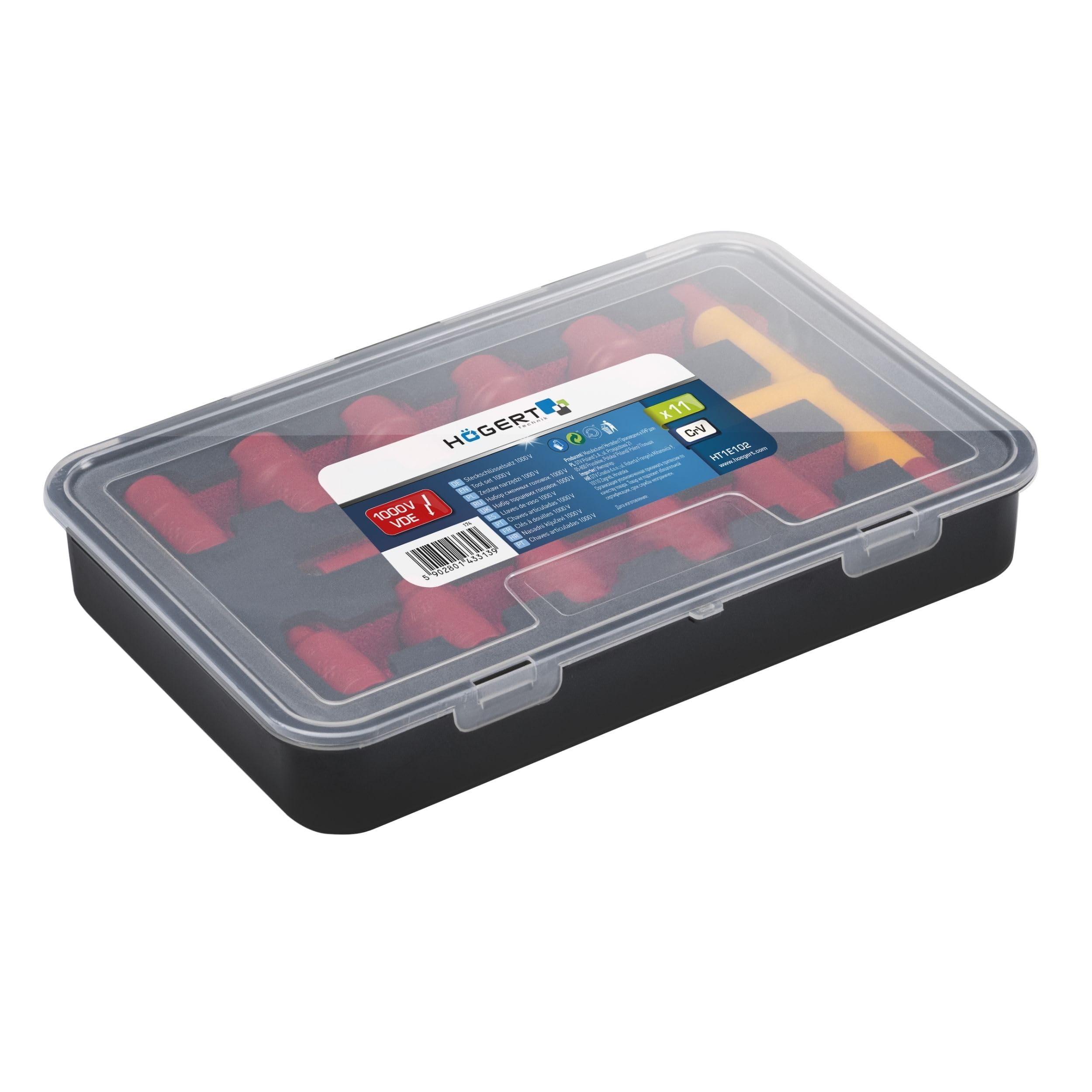HÖGERT TECHNIK 11-częściowy zestaw izolowanych gniazd wtykowych z kluczem T 1000 V, 11-częściowy certyfikat VDE do 1000 V | 10 sztuk izolowanych kluczy nasadowych 1-3/8" i 1 klucz T z uchwytem
